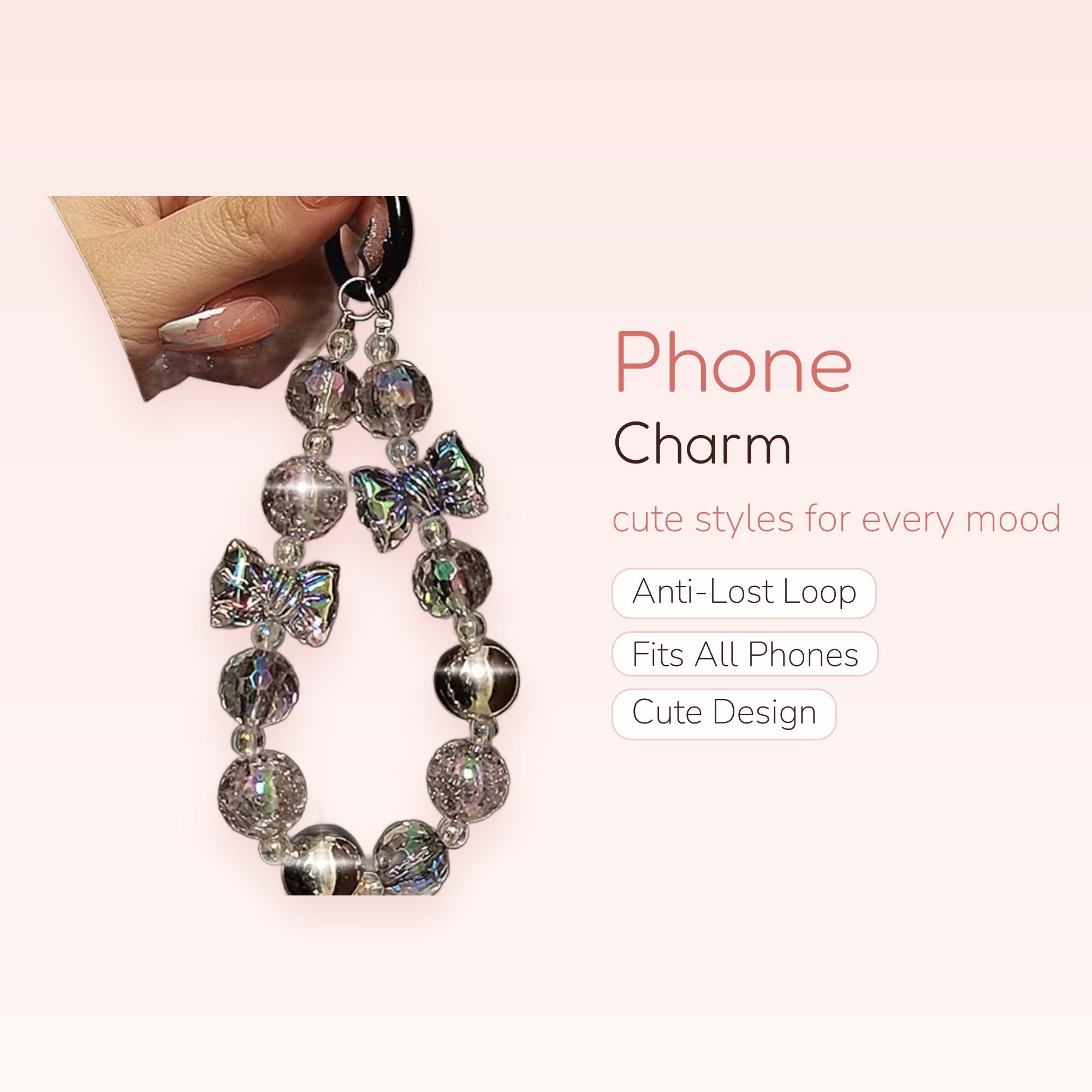 Iridescent Crystal Bow Phone Charm | Y2K Beaded Wrist Lanyard