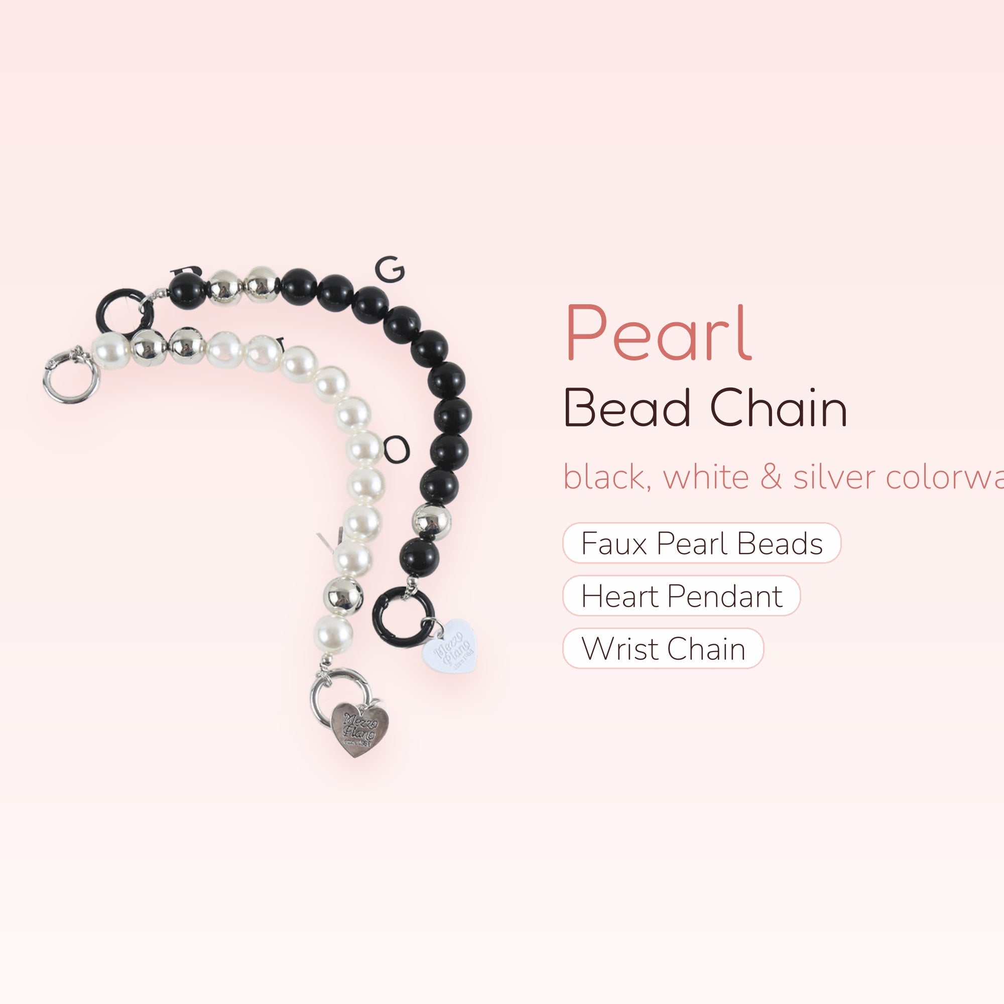 Pearl & Silver Bead Phone Chain Strap | Heart Pendant Wrist Lanyard