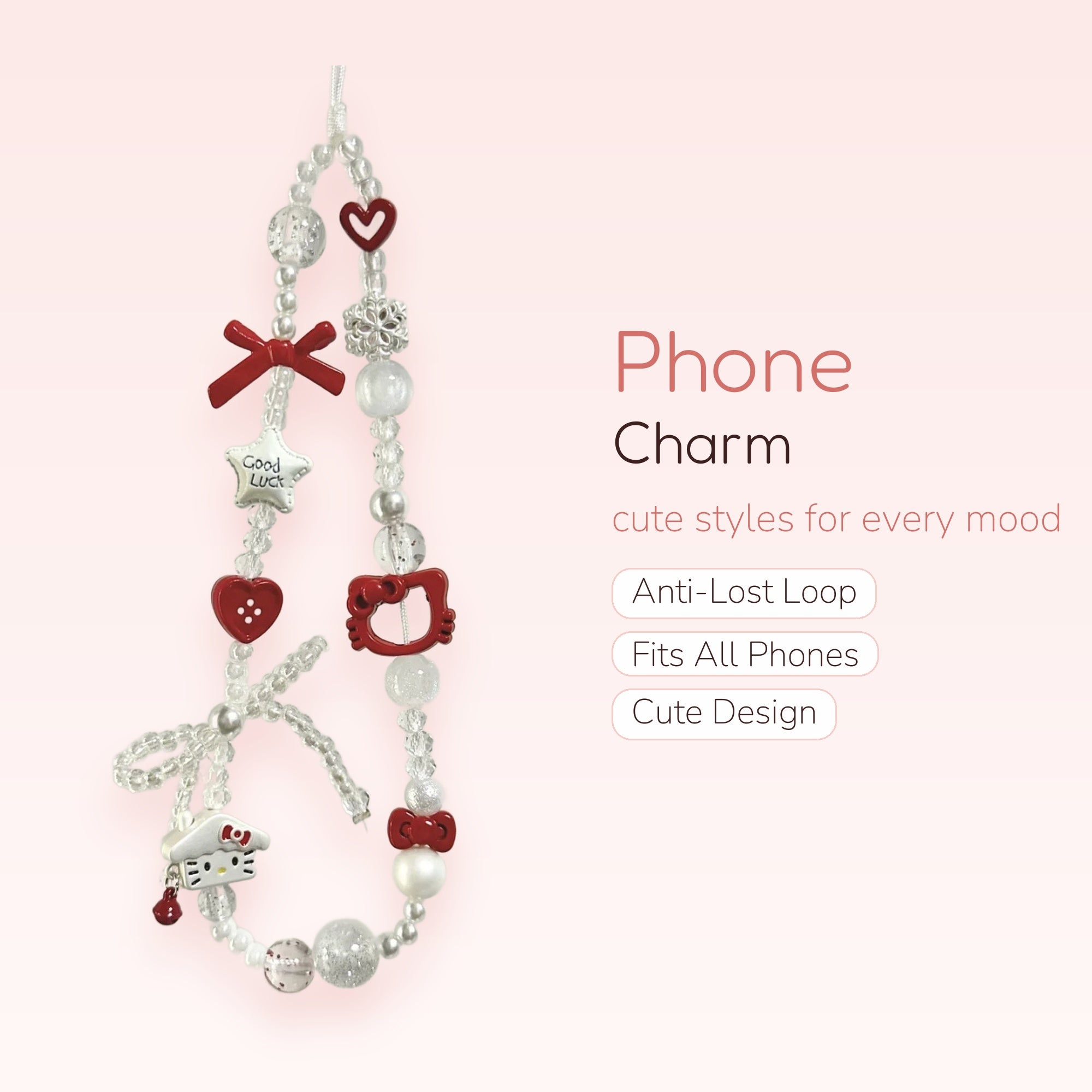 Kawaii Red & White Hello Kitty Phone Charm | Beaded Wrist Lanyard with Hearts & Bows