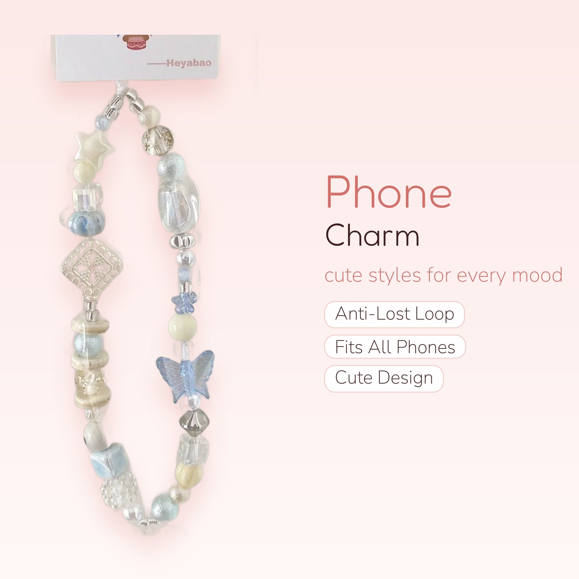 Pastel Blue & White Beaded Phone Charm Strap | Aesthetic Star & Butterfly Wrist Lanyard