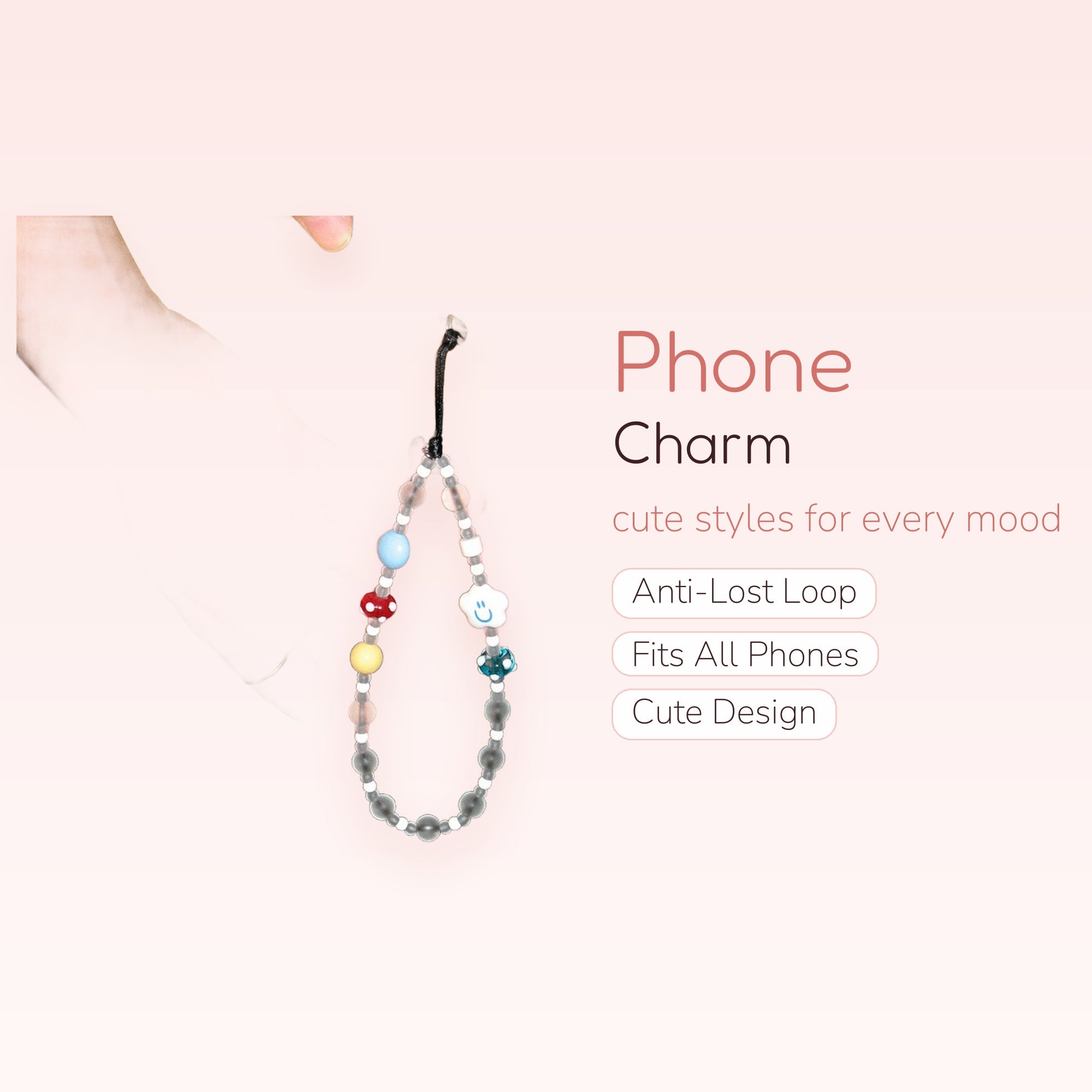 Frosted Bead & Mushroom Phone Charm Strap | Kawaii Beaded Wrist Lanyard