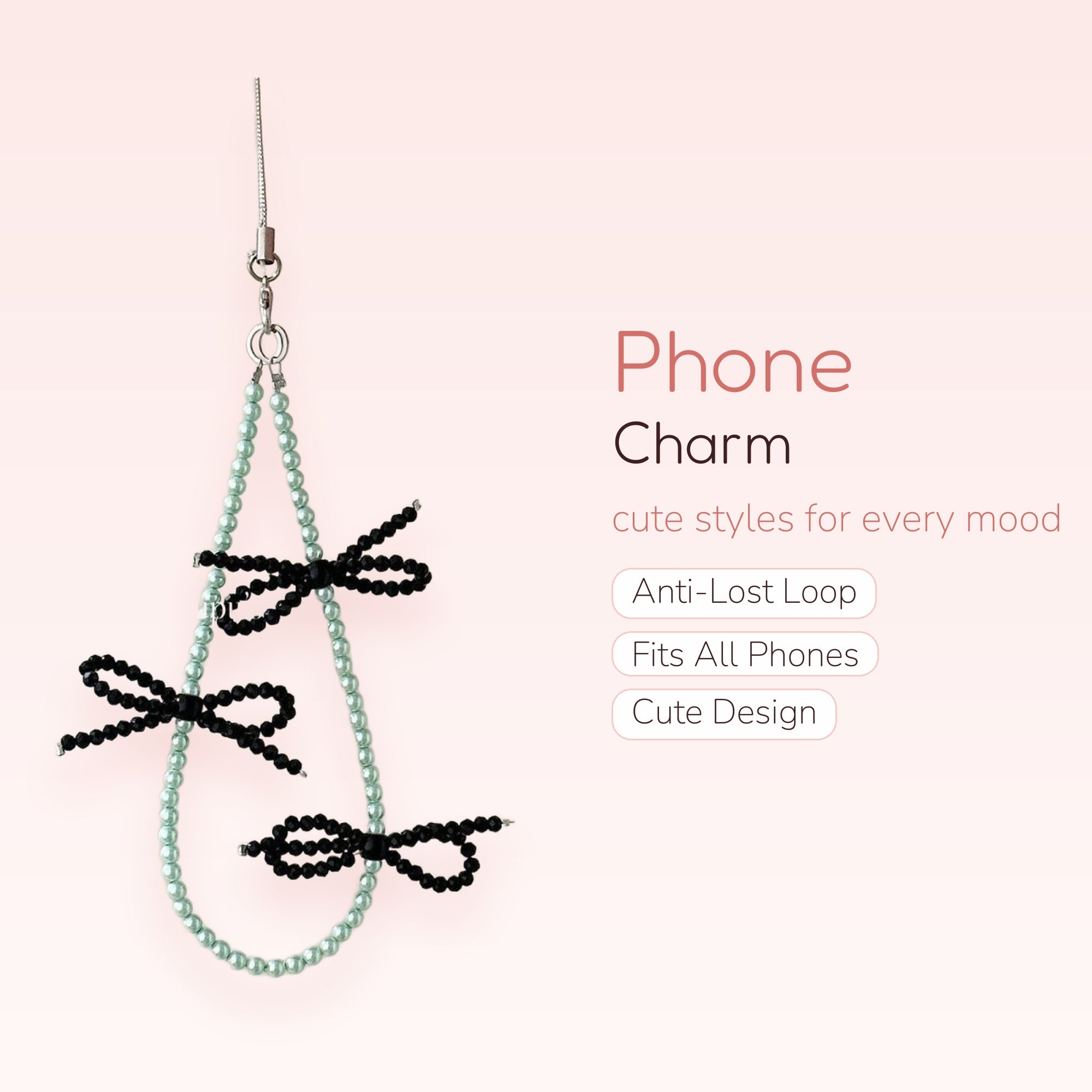 Aesthetic Mint Green Pearl & Black Bow Phone Charm | Cute Beaded Wrist Strap