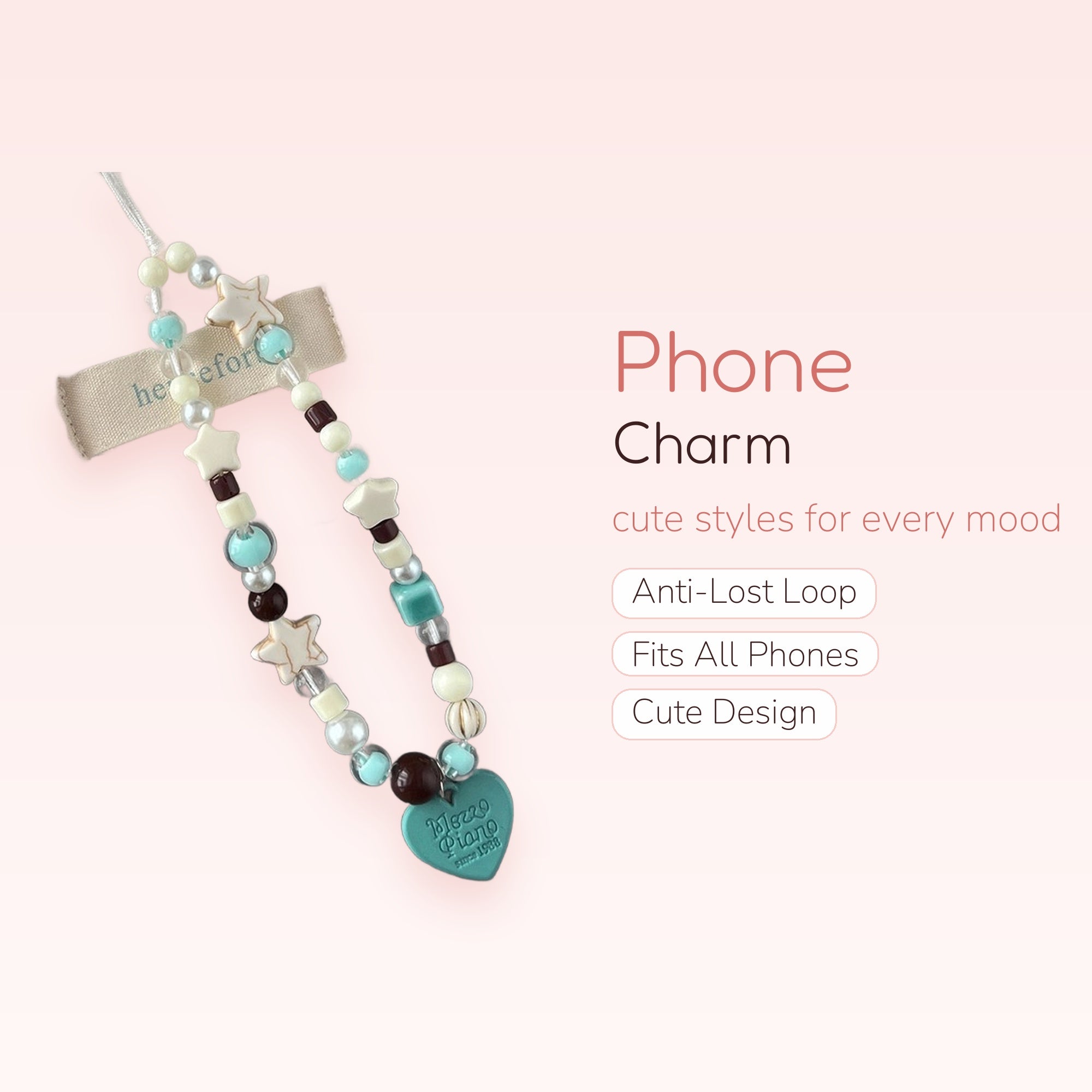 Mint Chocolate Beaded Phone Charm Strap | Aesthetic Star & Heart Wrist Lanyard