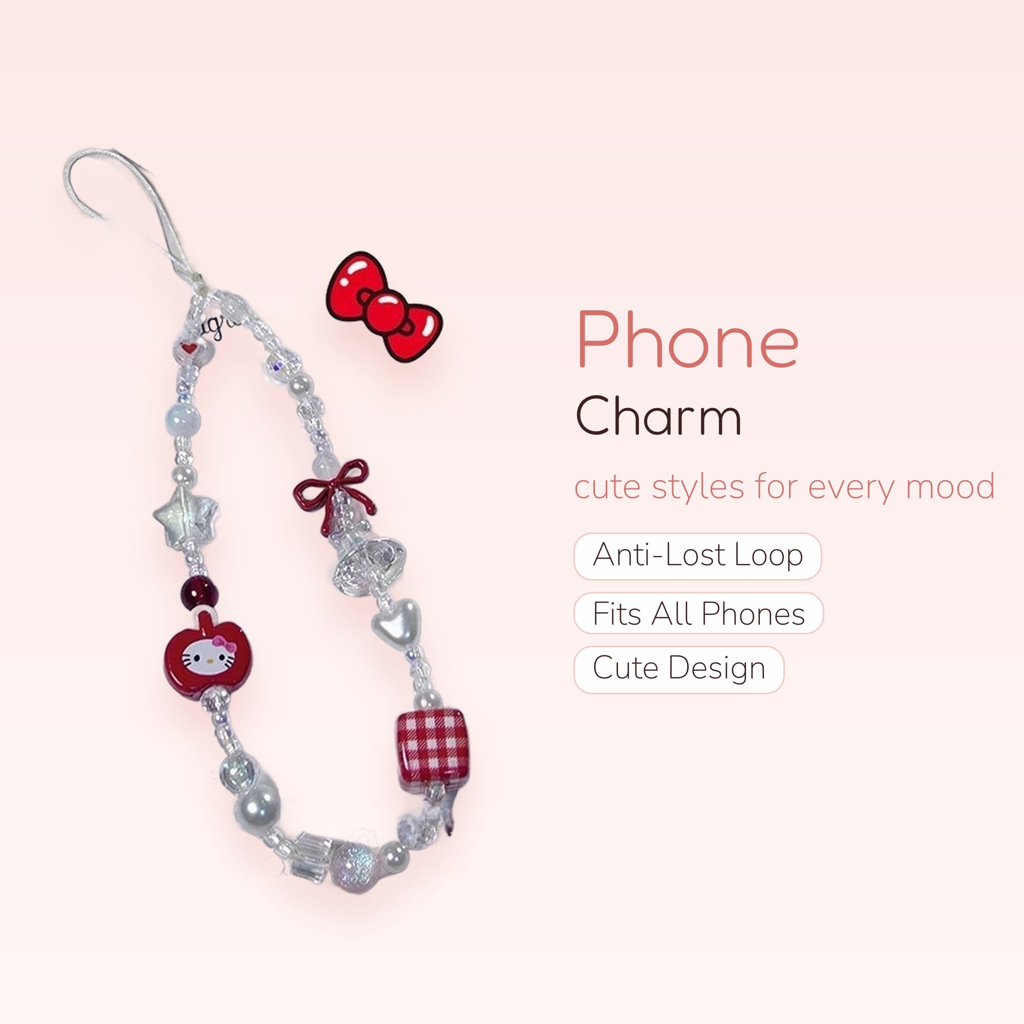 Kawaii Hello Kitty Apple & Gingham Beaded Phone Charm | Cute Red & White Wrist Strap