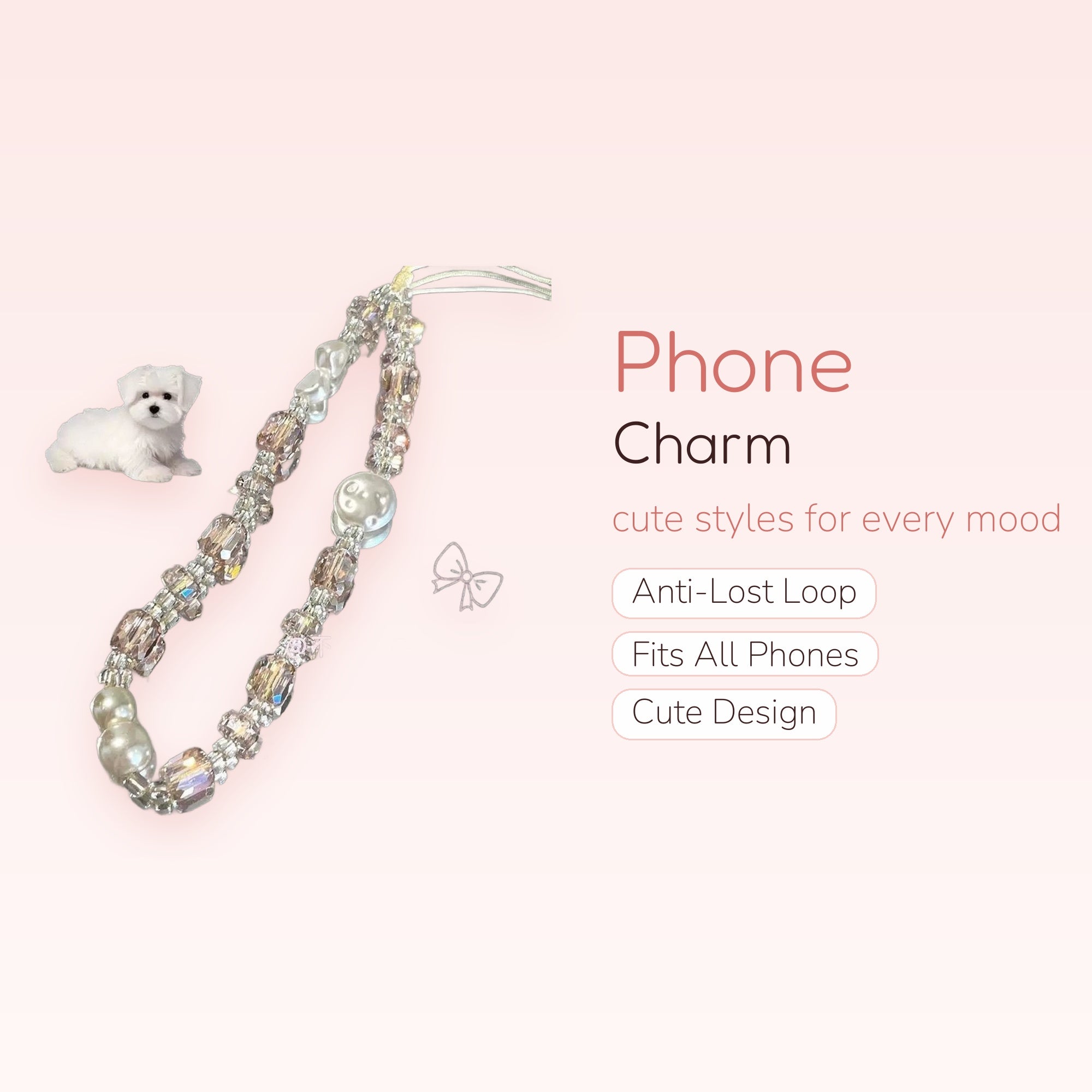 Sparkling Crystal & Pearl Phone Charm Strap | Aesthetic Beaded Wrist Lanyard