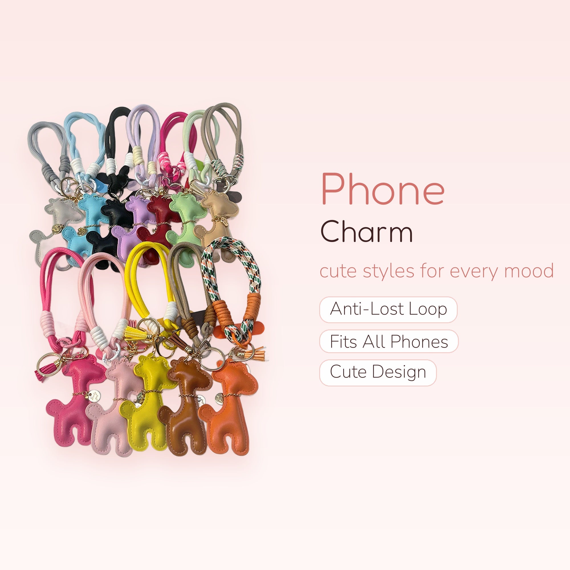 Cute Leather Giraffe Phone Charm Wristlet | Colorful Braided Strap Keychain
