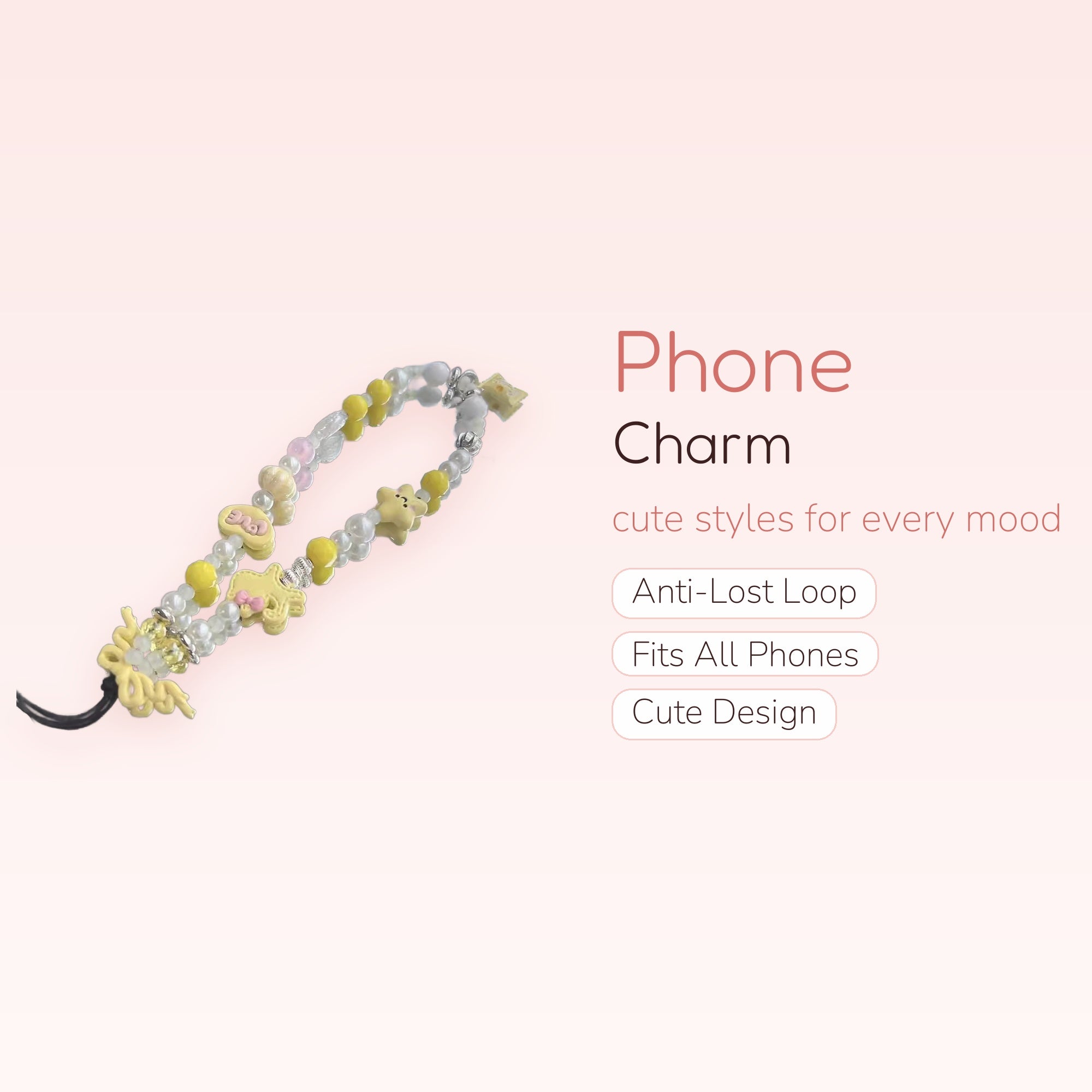 Kawaii Yellow & Pearl Beaded Phone Charm | Cute Heart Star Wrist Strap