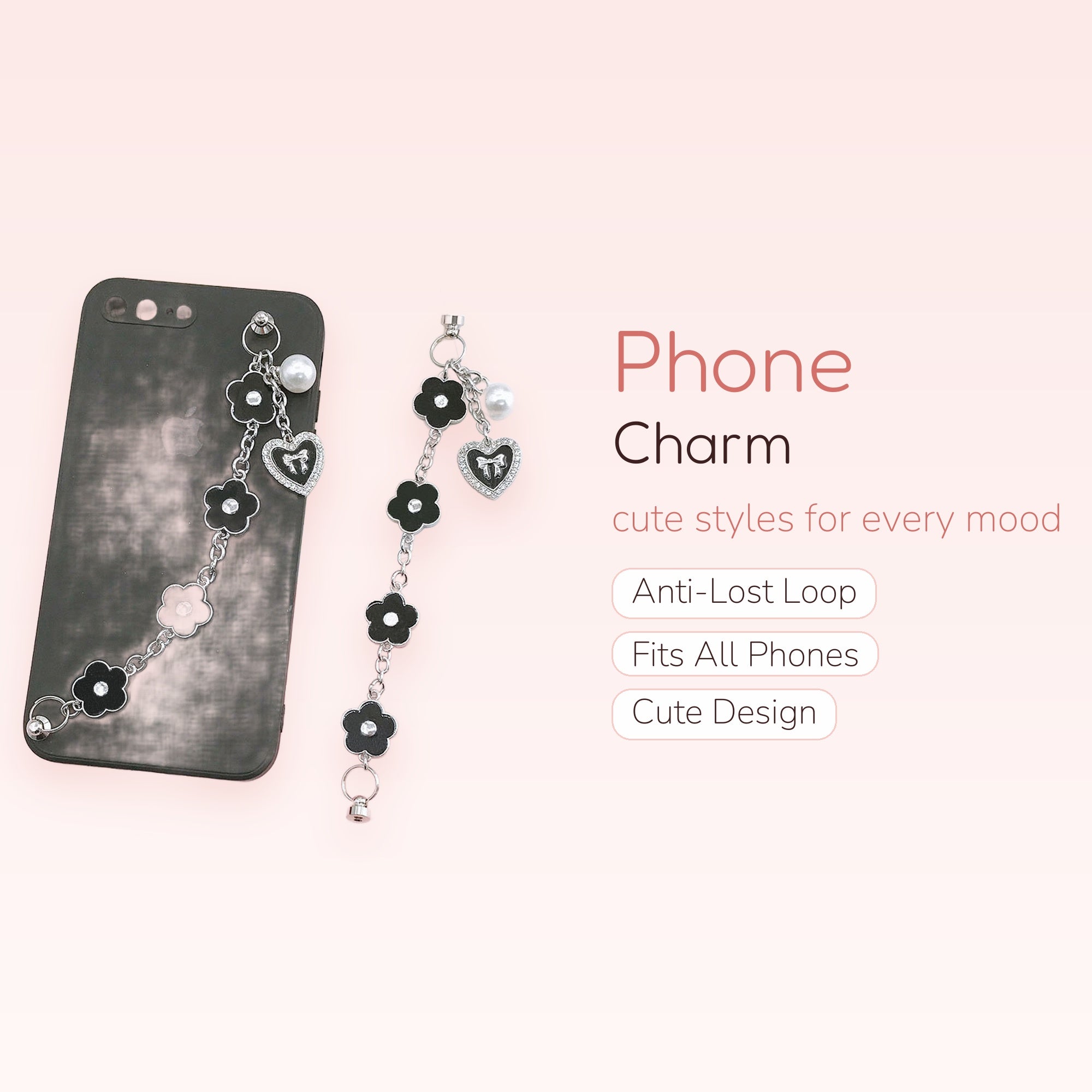 Aesthetic Black Flower & Pearl Phone Charm | Cute Heart Bow Wrist Strap