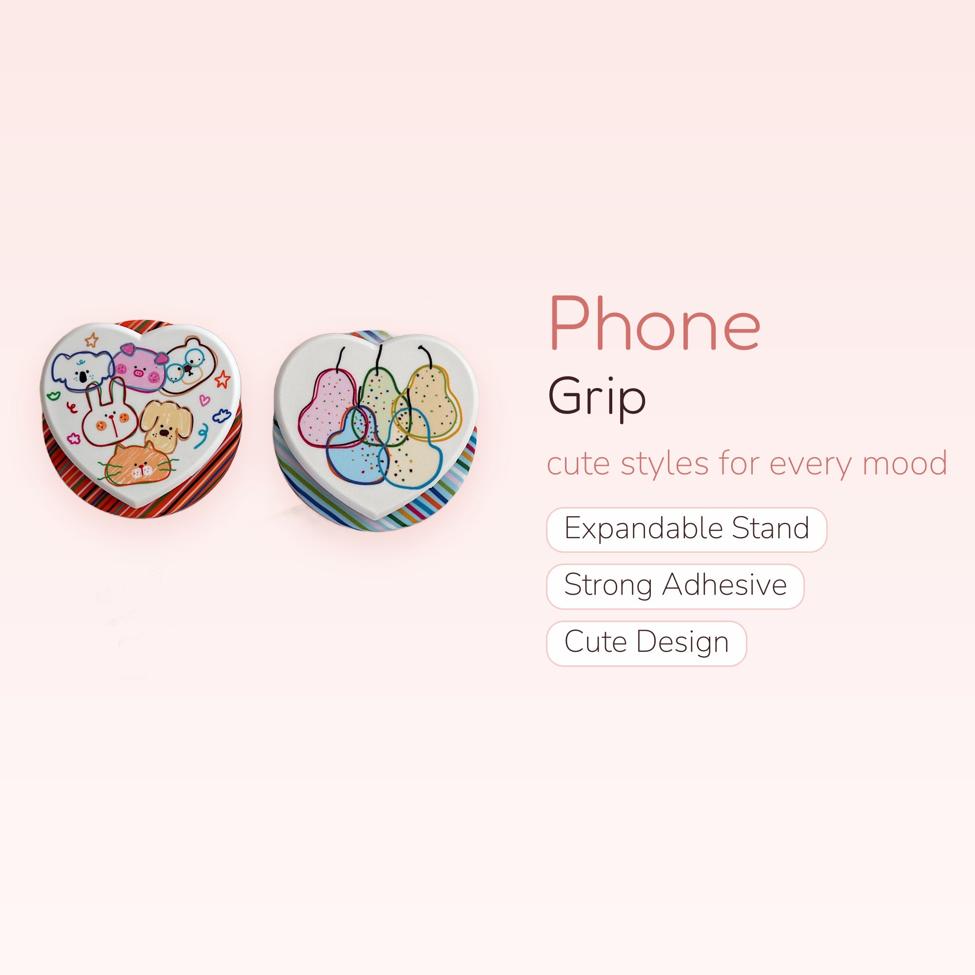 Kawaii Heart Animal & Pear Phone Grip | Cute Pop Socket Stand