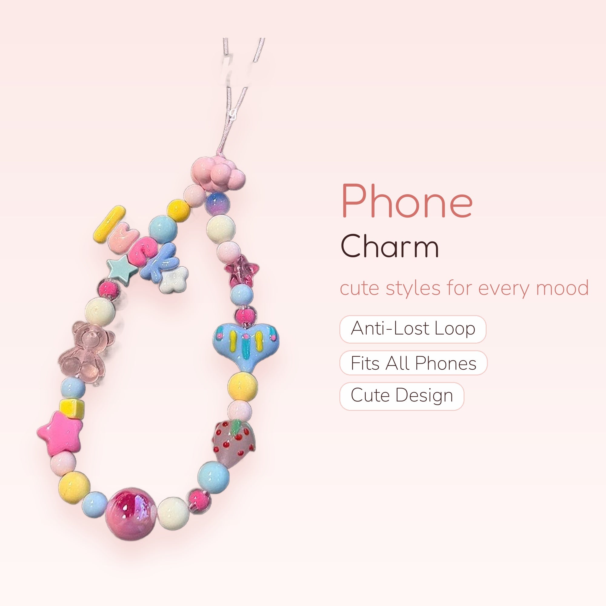 Pastel Beaded Phone Charm Strap with Heart & Strawberry Charms | Kawaii Y2K Wrist Lanyard
