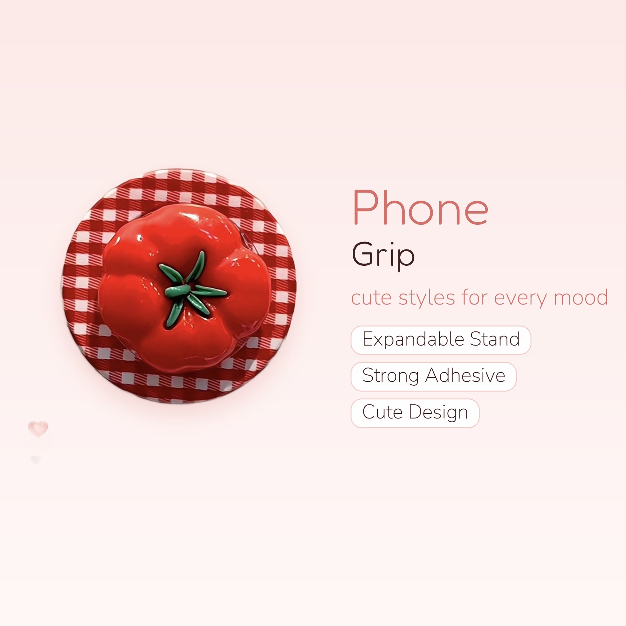 Red Tomato Gingham Phone Grip | Cute Foodie Pop Socket Stand