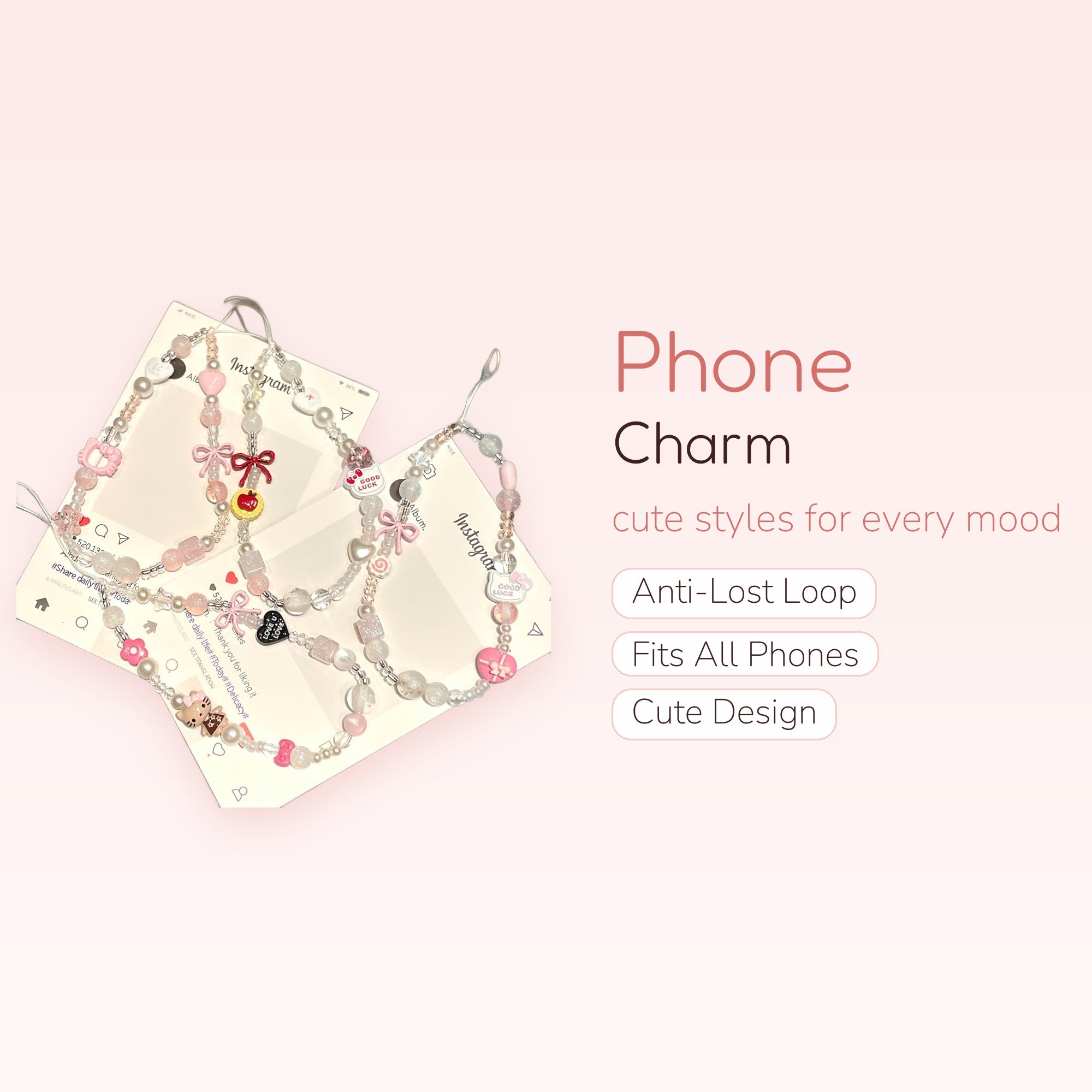 Kawaii Pastel Pink & White Beaded Phone Charm Strap | Cute Pearl & Bow Wrist Lanyard