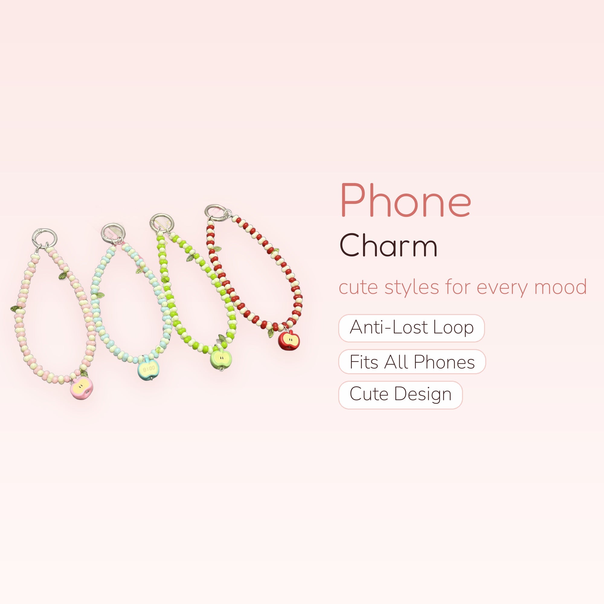 Kawaii Beaded Apple Phone Charm | Pastel Fruit Wrist Strap Lanyard