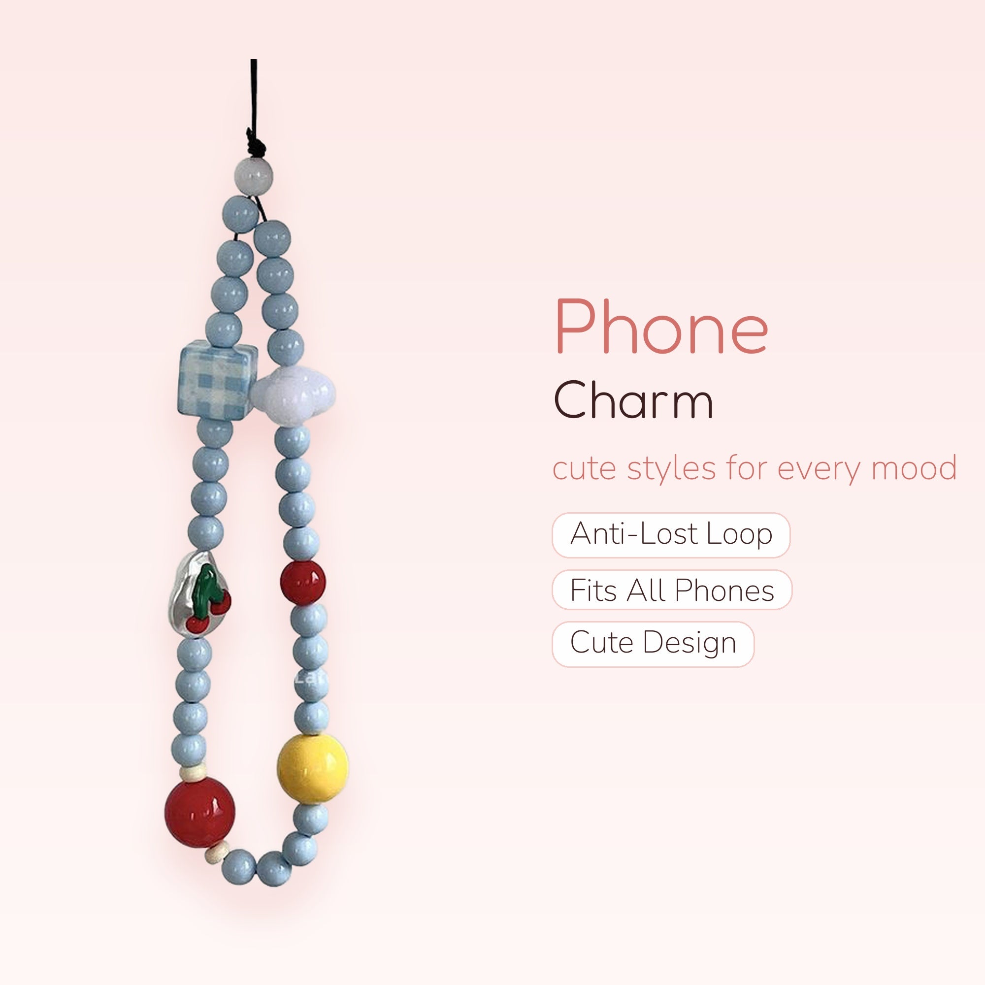Kawaii Pastel Blue Beaded Phone Charm | Cute Cherry Cloud Gingham Wrist Strap