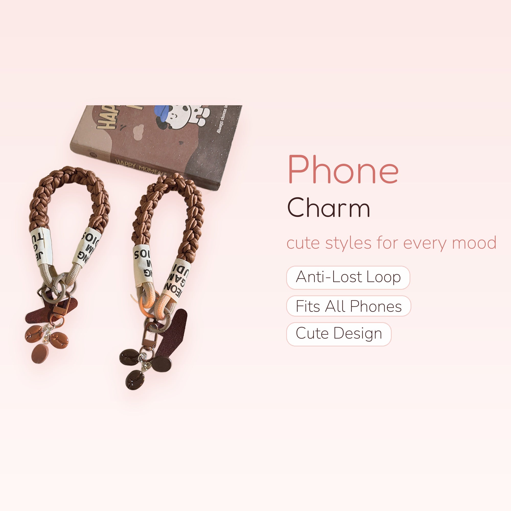 Braided Coffee Bean Phone Charm Strap | Aesthetic Wrist Lanyard