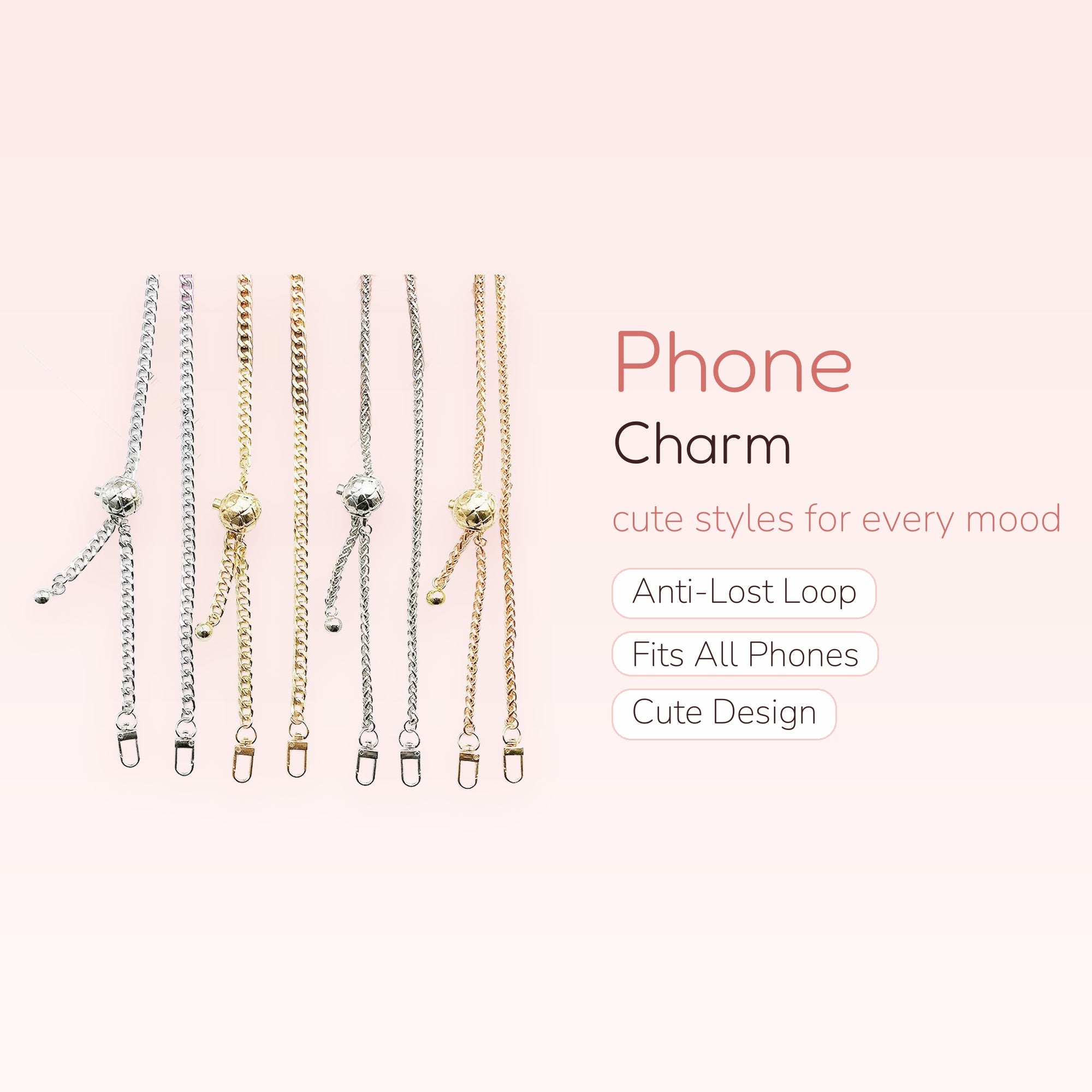 Adjustable Gold & Silver Chain Phone Charm | Aesthetic Lanyard Strap with Ball Slider