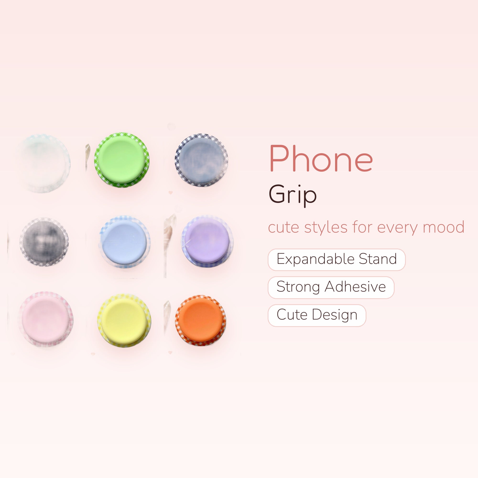 Gingham Check Silicone Phone Grip | Cute Pastel Pop Socket Stand for iPhone & Android