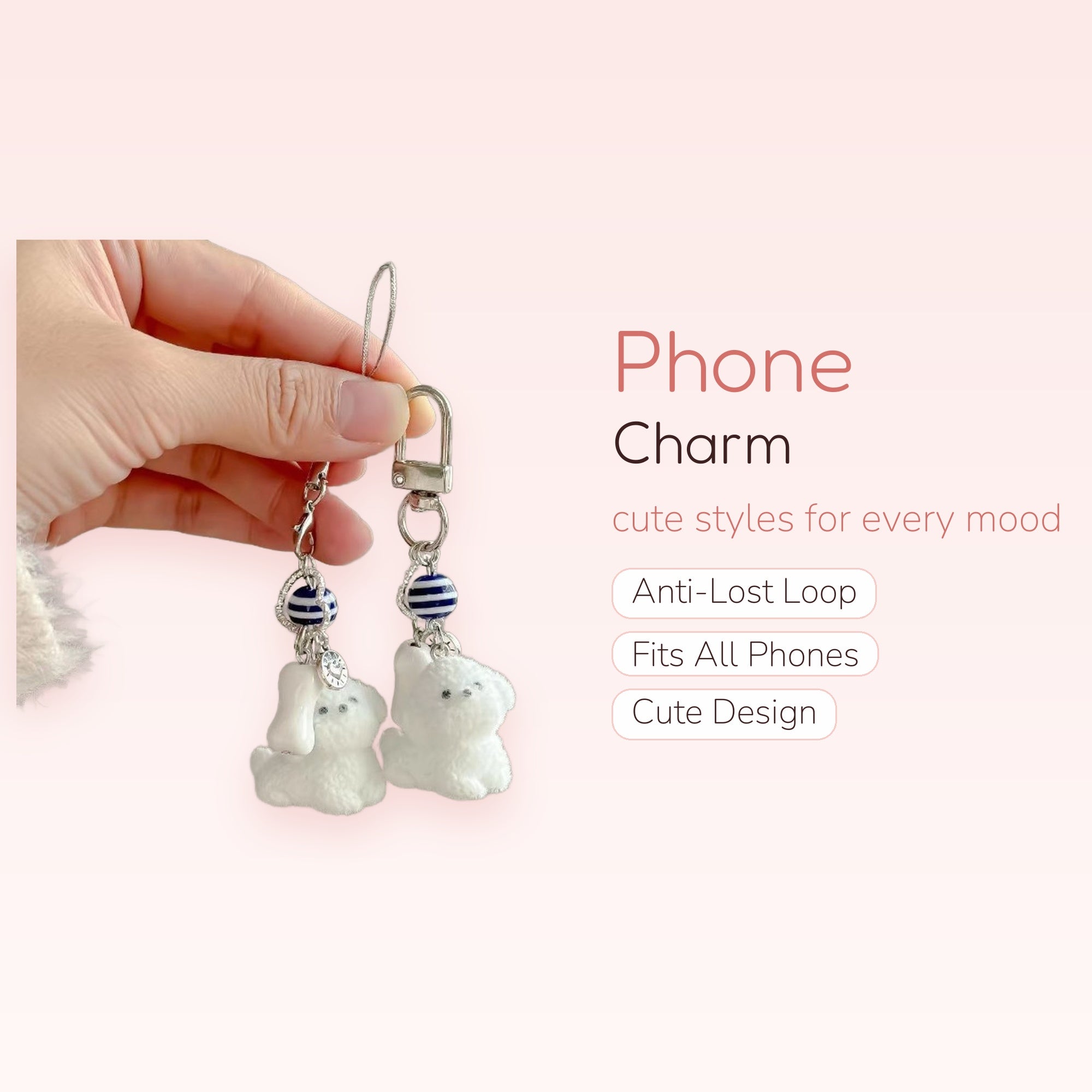 Cute Fluffy White Dog Phone Charm | Nautical Striped Bead & Bone Keychain
