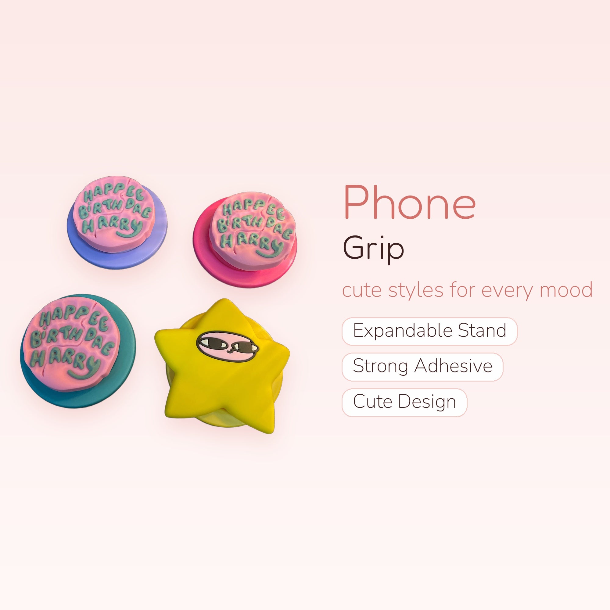 Kawaii Pink Birthday Cake & Yellow Star Phone Grips | Cute Pop Socket Stands