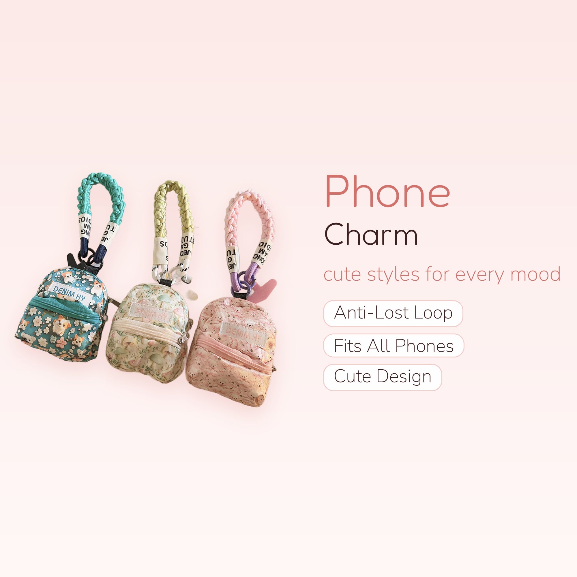 Kawaii Mini Backpack Phone Charm | Cute Patterned Wrist Strap Keychain
