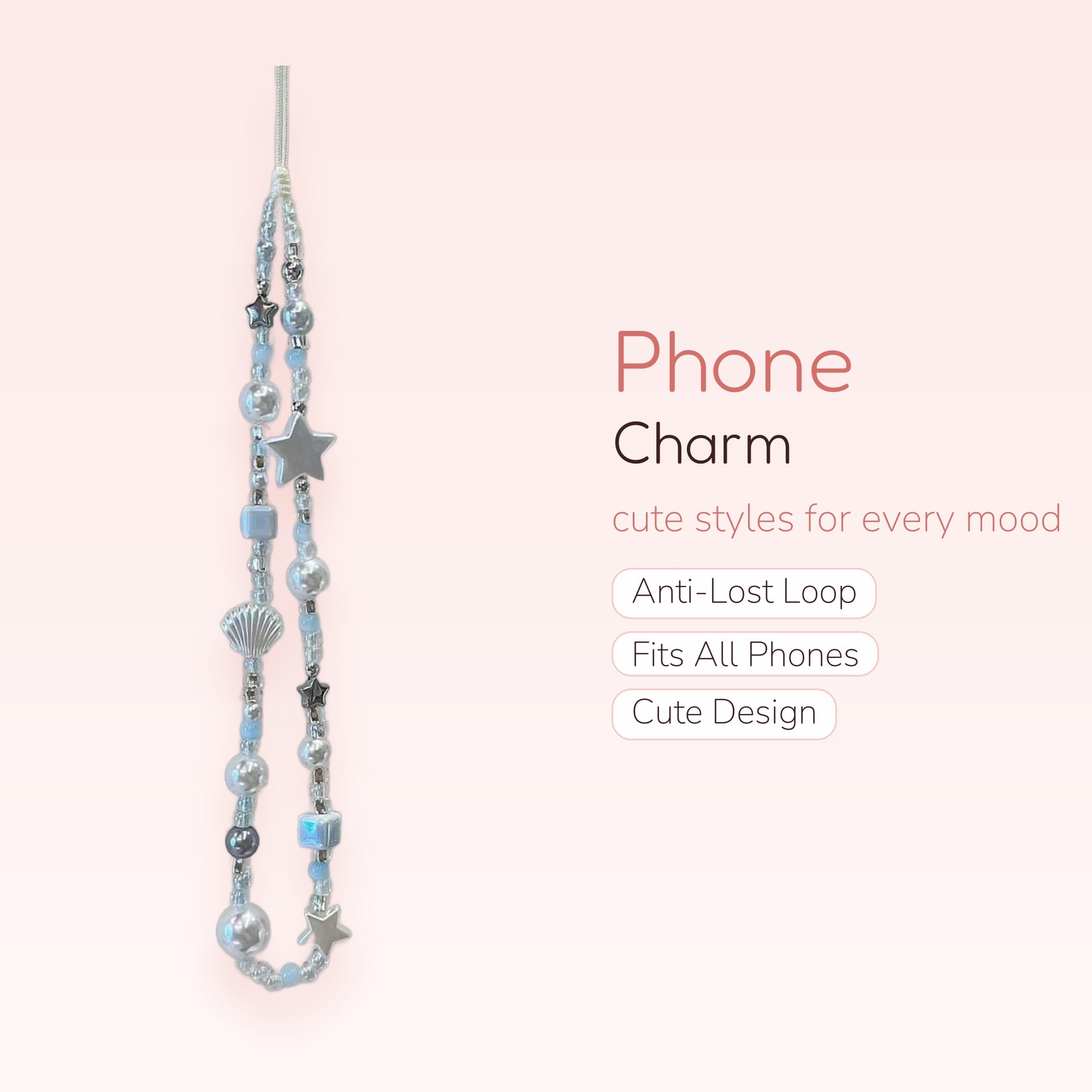 Kawaii Pearl & Star Phone Charm Strap | Pastel Blue Beaded Wrist Lanyard