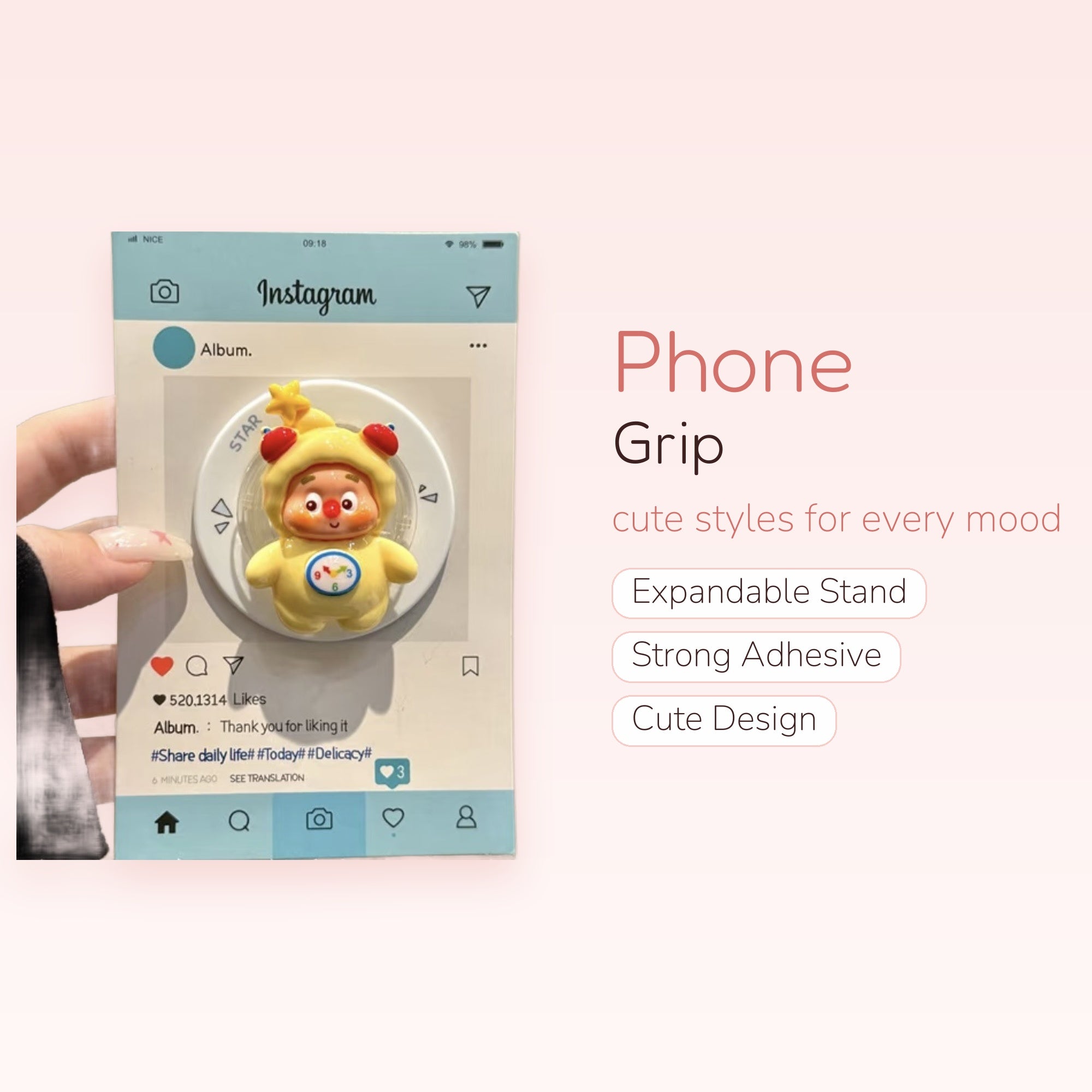 Cute Yellow Cartoon Character Phone Grip | Kawaii Pop Socket Stand with Clock Detail