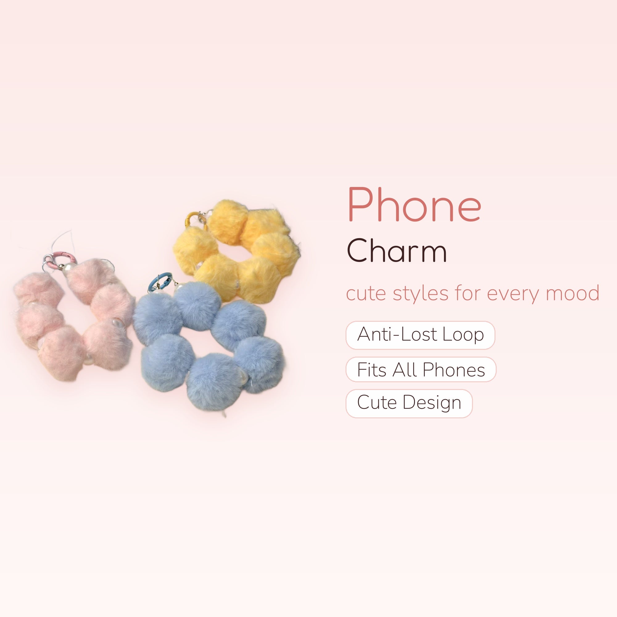 Fluffy Pom Pom Phone Charm Strap | Pastel Pearl Wrist Lanyard