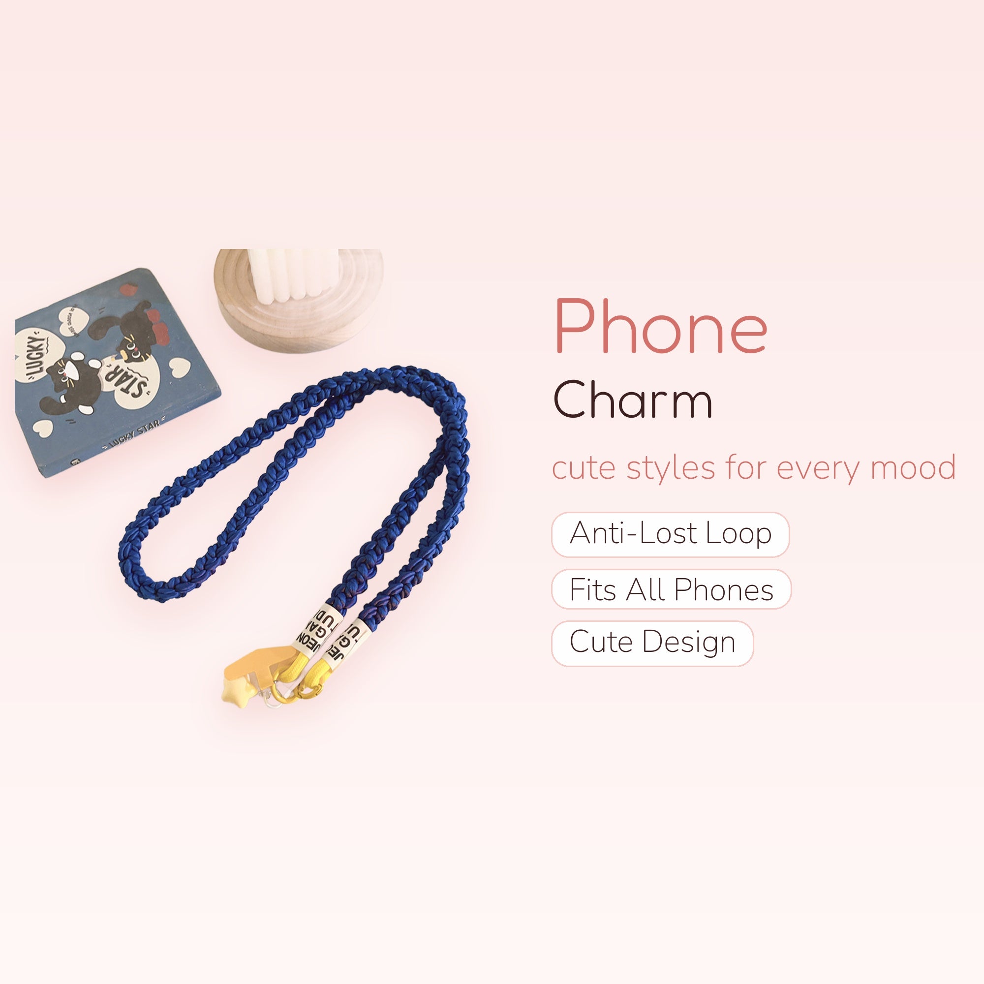 Royal Blue Braided Lanyard Phone Charm | Aesthetic Woven Strap with Yellow Accents