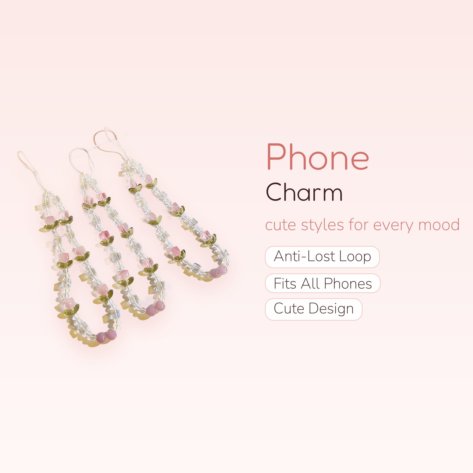 Aesthetic Pink Tulip & Clear Bead Phone Charm | Kawaii Beaded Wrist Strap