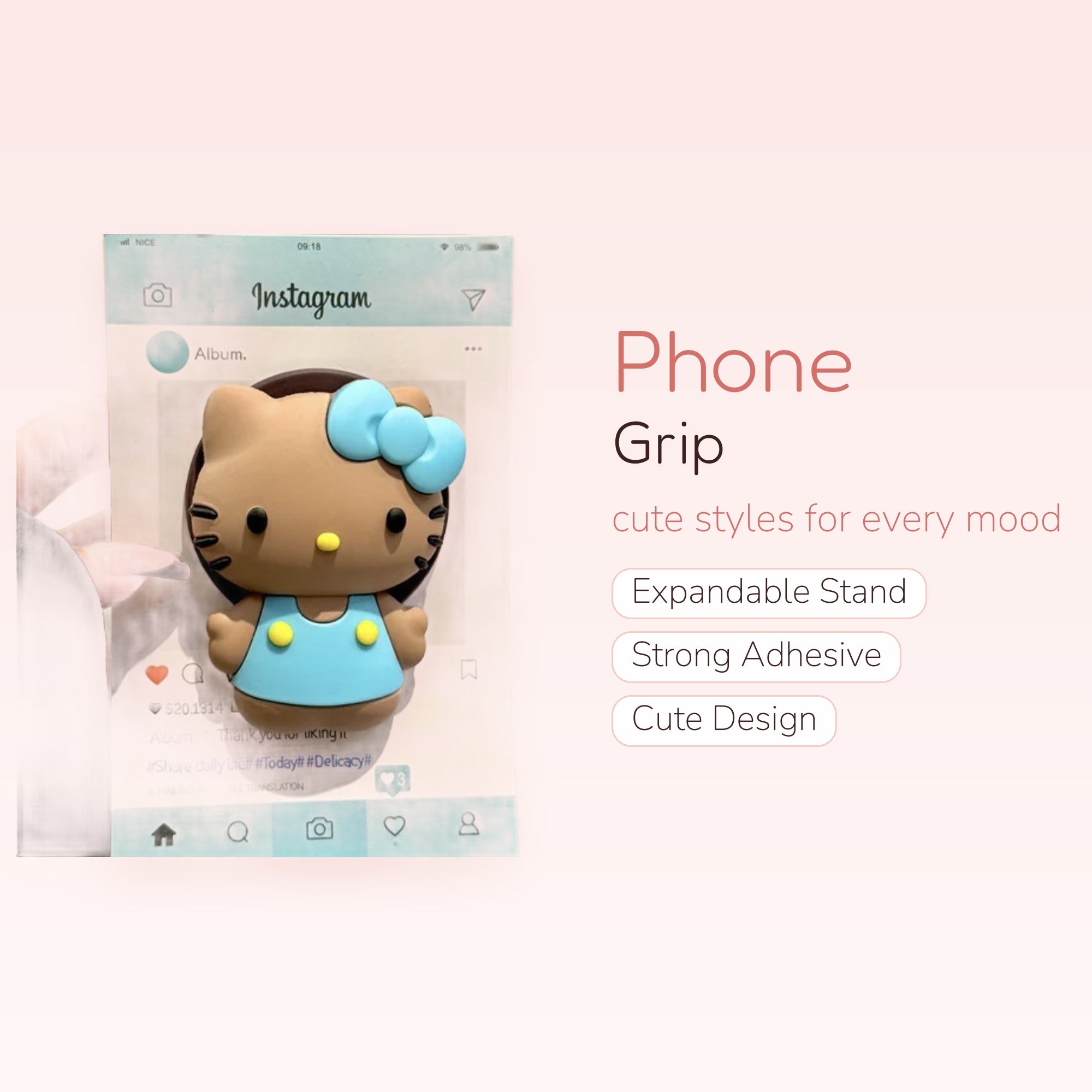 Kawaii Hello Kitty Instagram Post Phone Grip | Cute Brown Silicone Pop Socket Stand