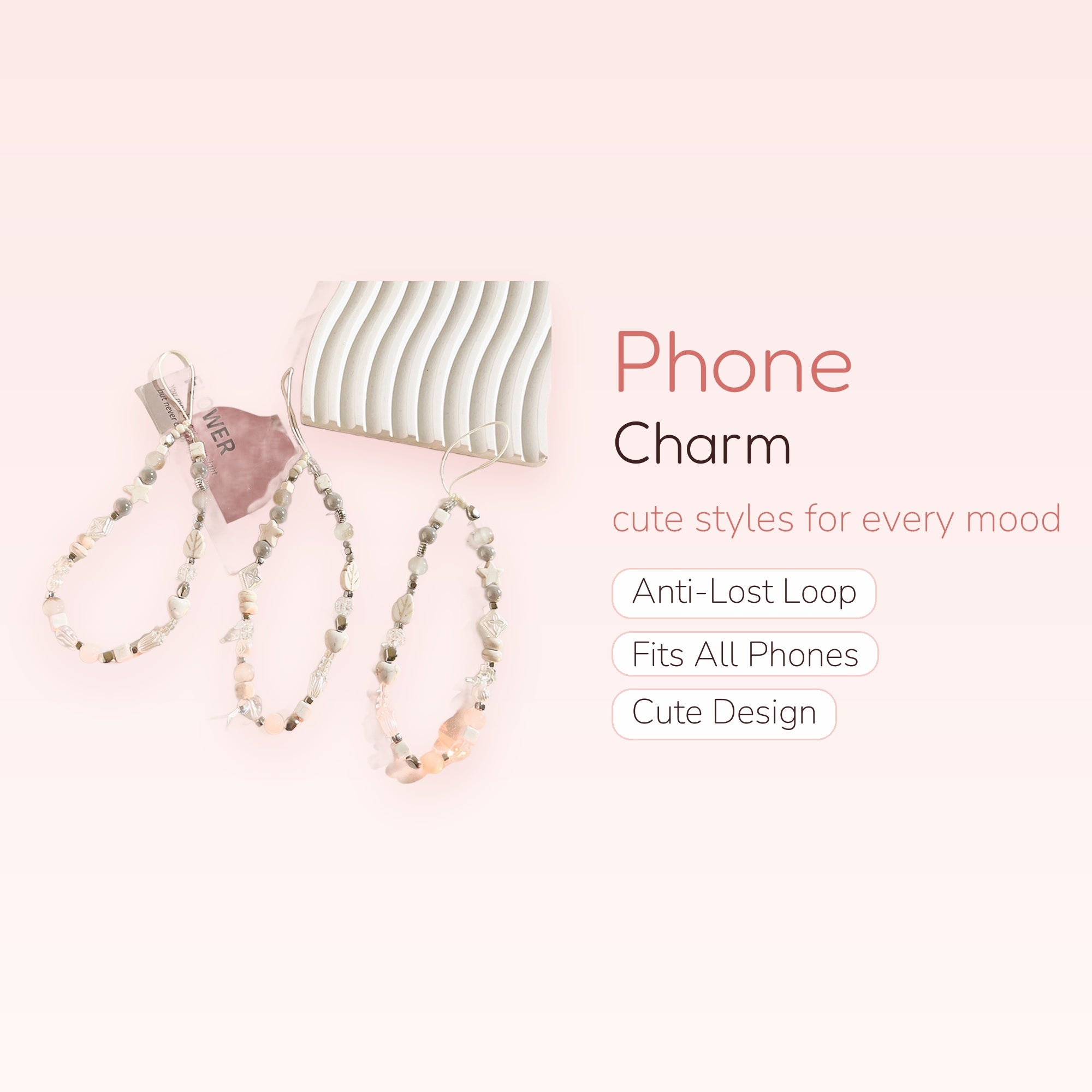Aesthetic White & Gray Beaded Phone Charm Strap | Cute Star & Heart Wrist Lanyard