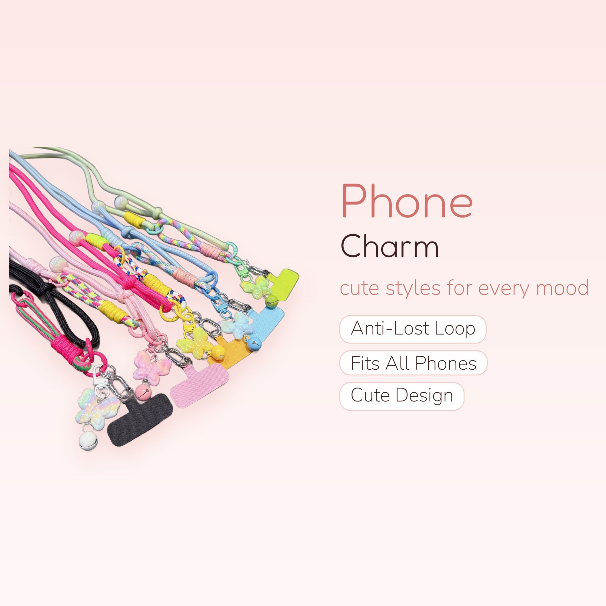 SIMPLYBUBBI — Pastel Braided Rope Bell Butterfly Phone Lanyard | Cute Cell Strap
