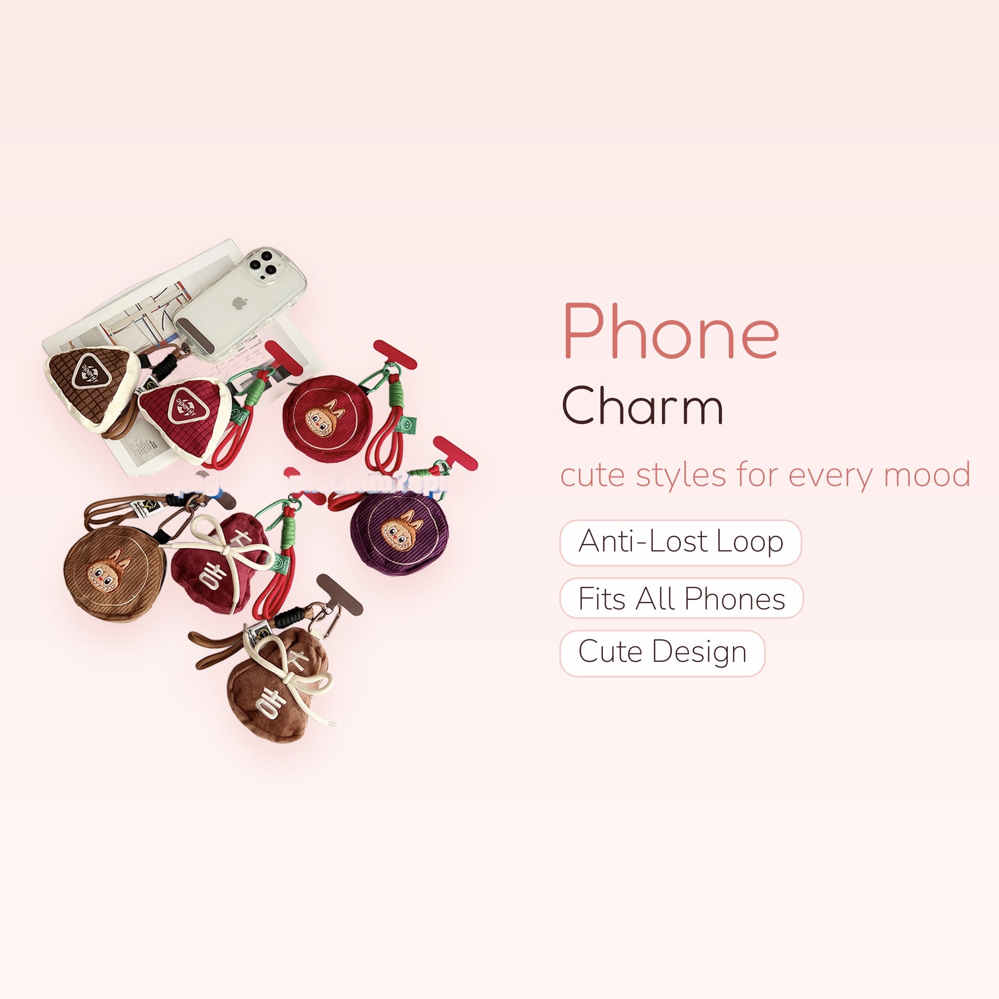 Cute Corduroy Onigiri & Bunny Phone Charms | Kawaii Wrist Strap Lanyards