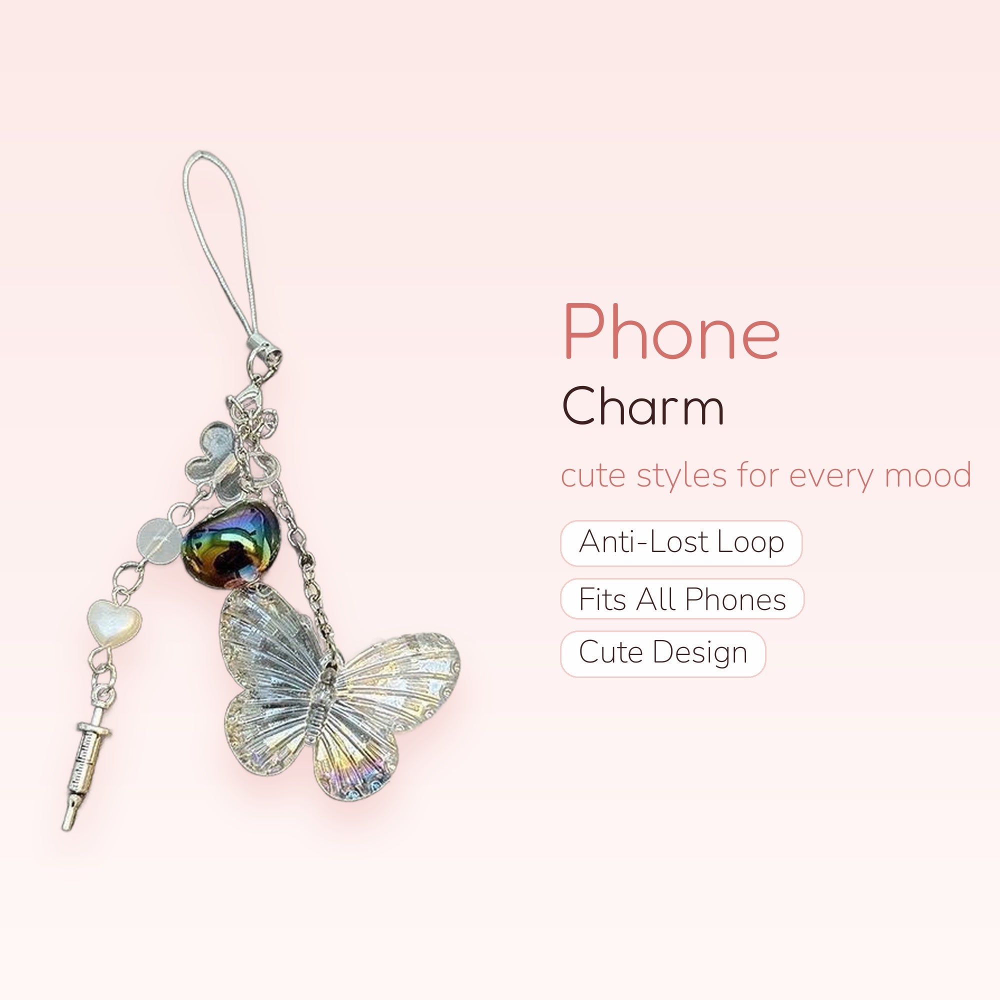 Iridescent Butterfly & Syringe Phone Charm | Y2K Aesthetic Beaded Wrist Strap