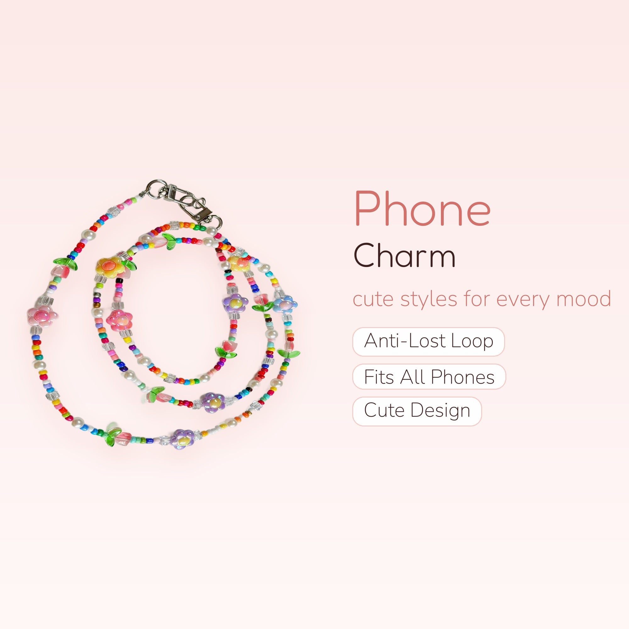 Kawaii Rainbow Beaded Phone Charm Lanyard | Pastel Flower & Pearl Wrist Strap