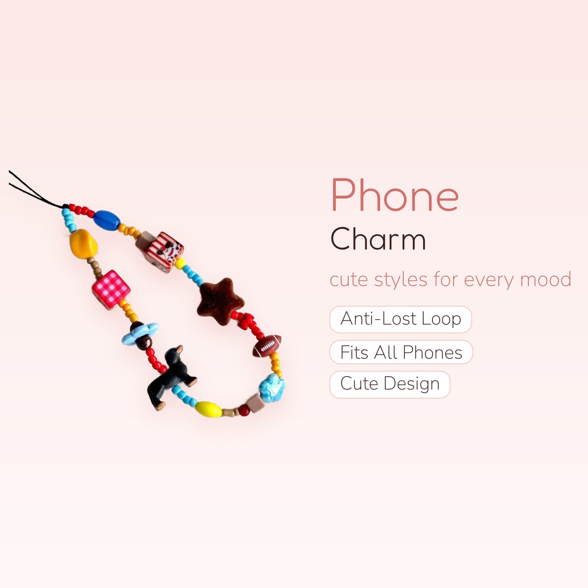 Cute Assorted Charm Beaded Phone Charm | Playful Y2K Wrist Strap Lanyard