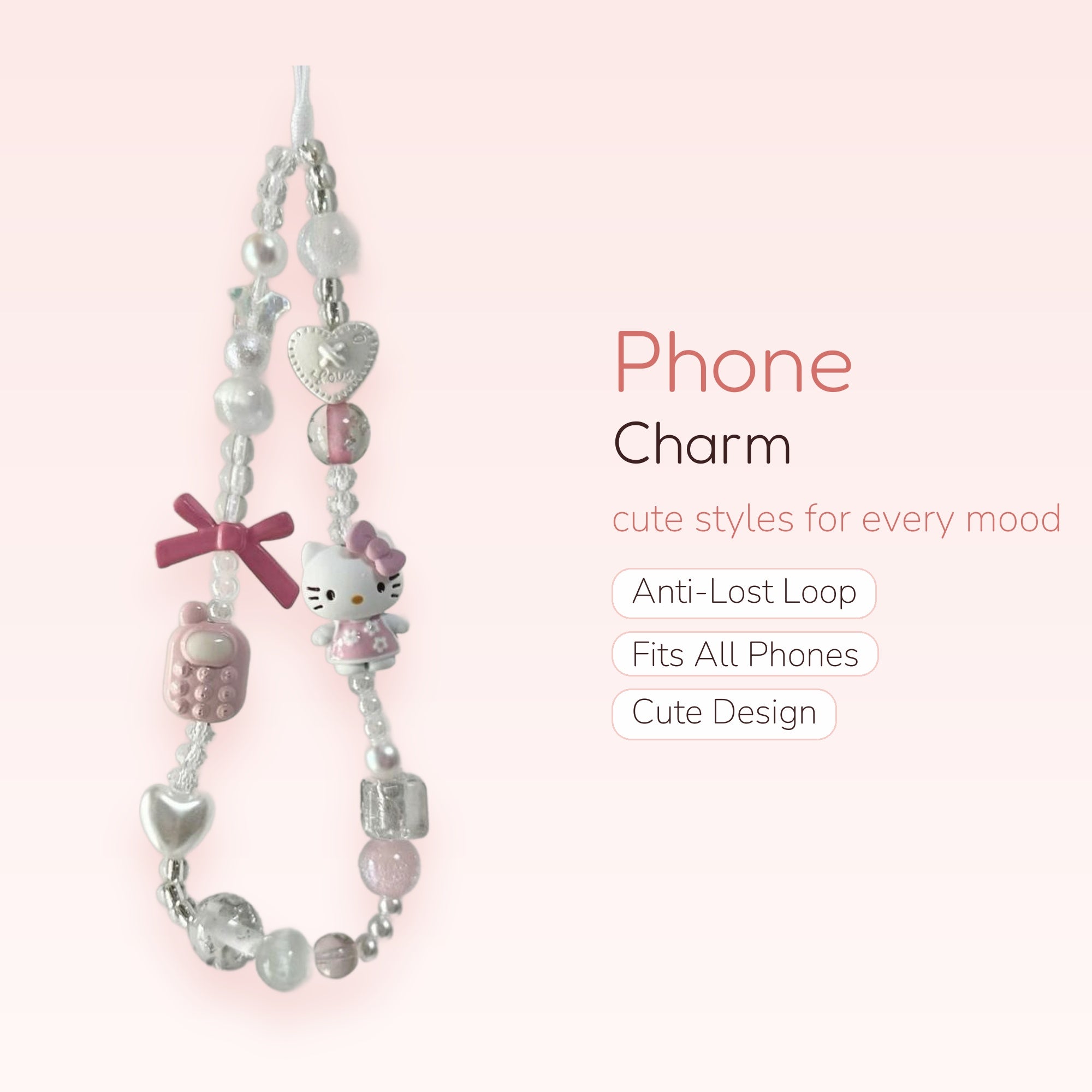 Kawaii Pink Hello Kitty & Phone Charm Strap | Pastel Beaded Wrist Lanyard