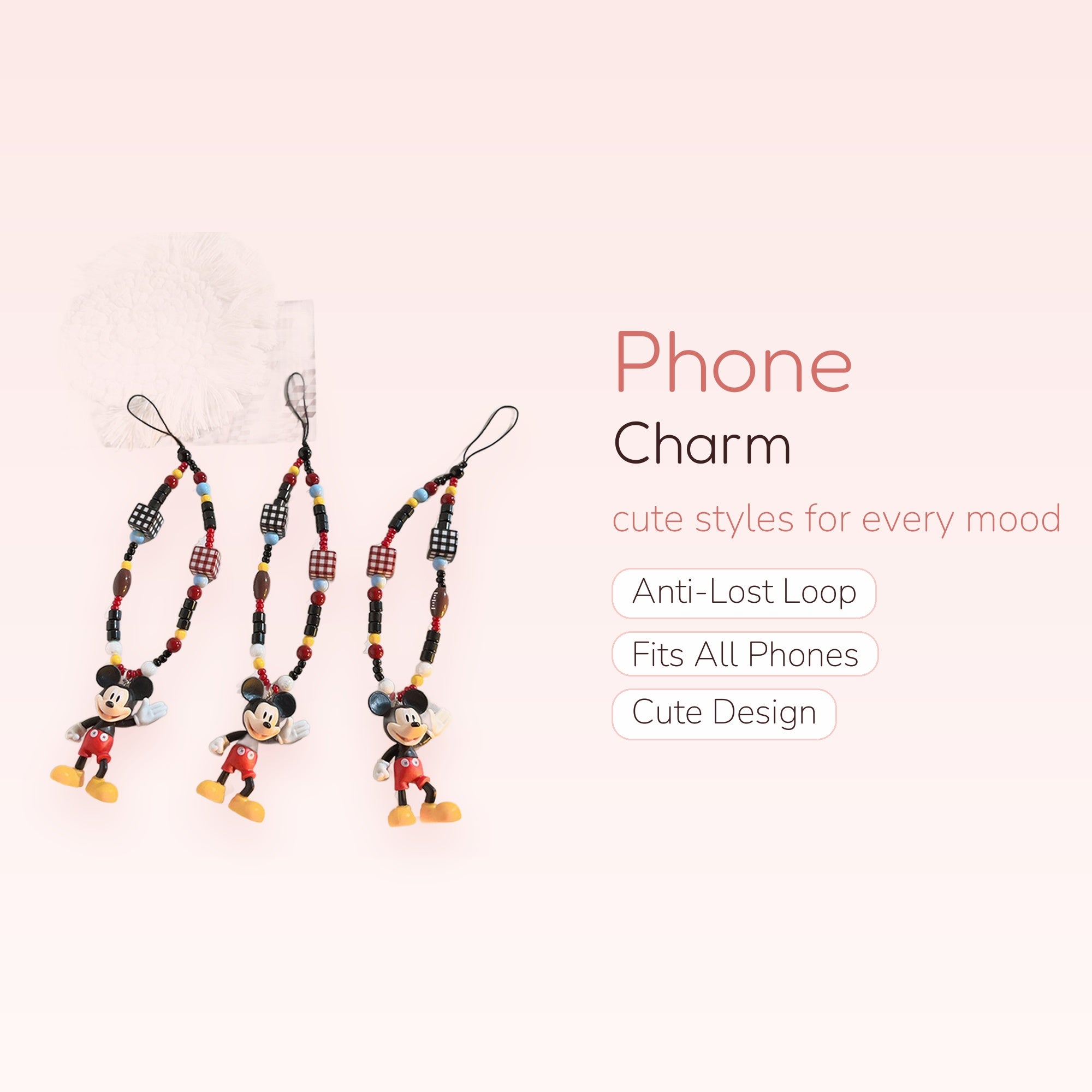 Kawaii Mickey Mouse Beaded Phone Charm | Y2K Black & Red Checkerboard Wrist Strap