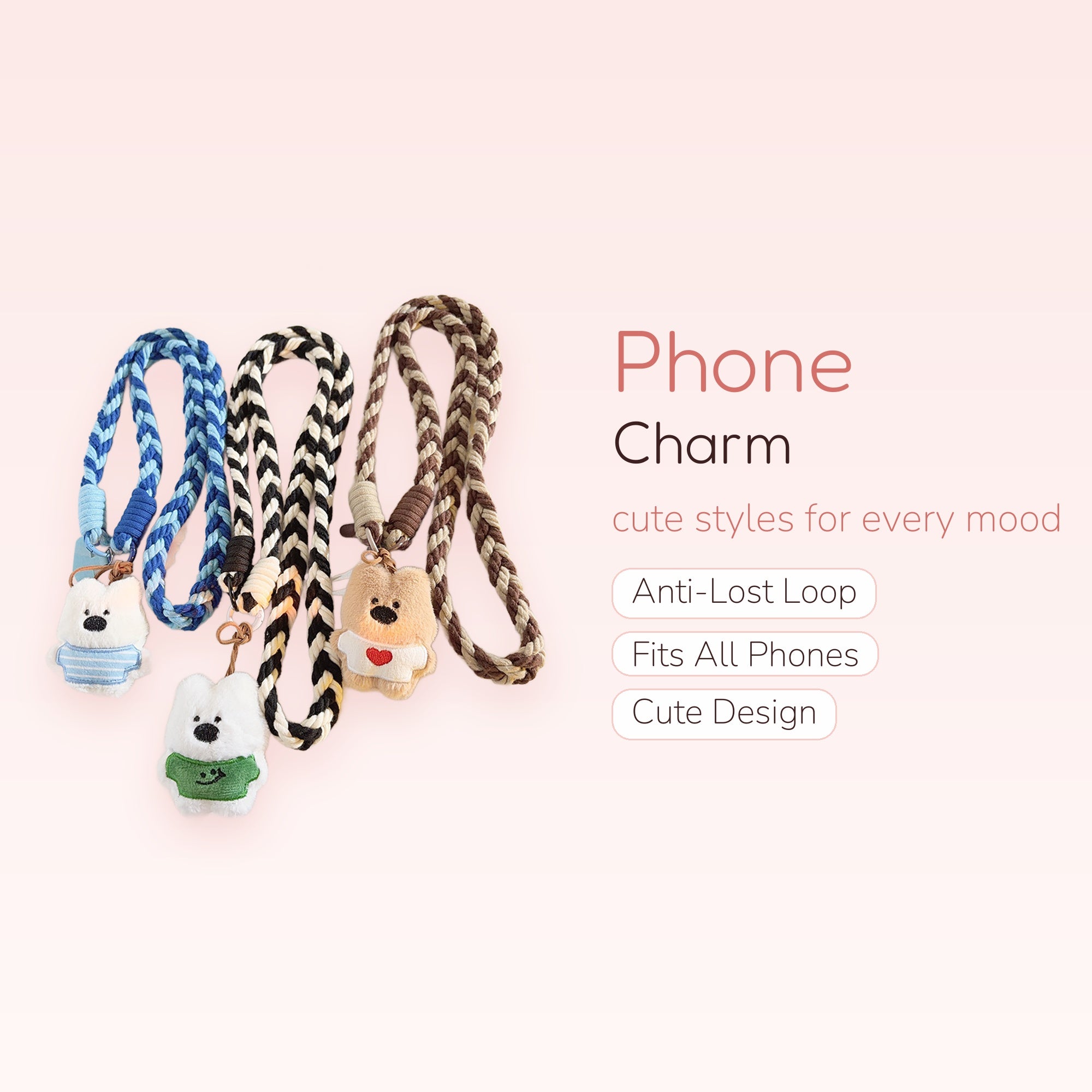 Cute Braided Lanyard Phone Charm | Plush Bear & Doggy Keychains