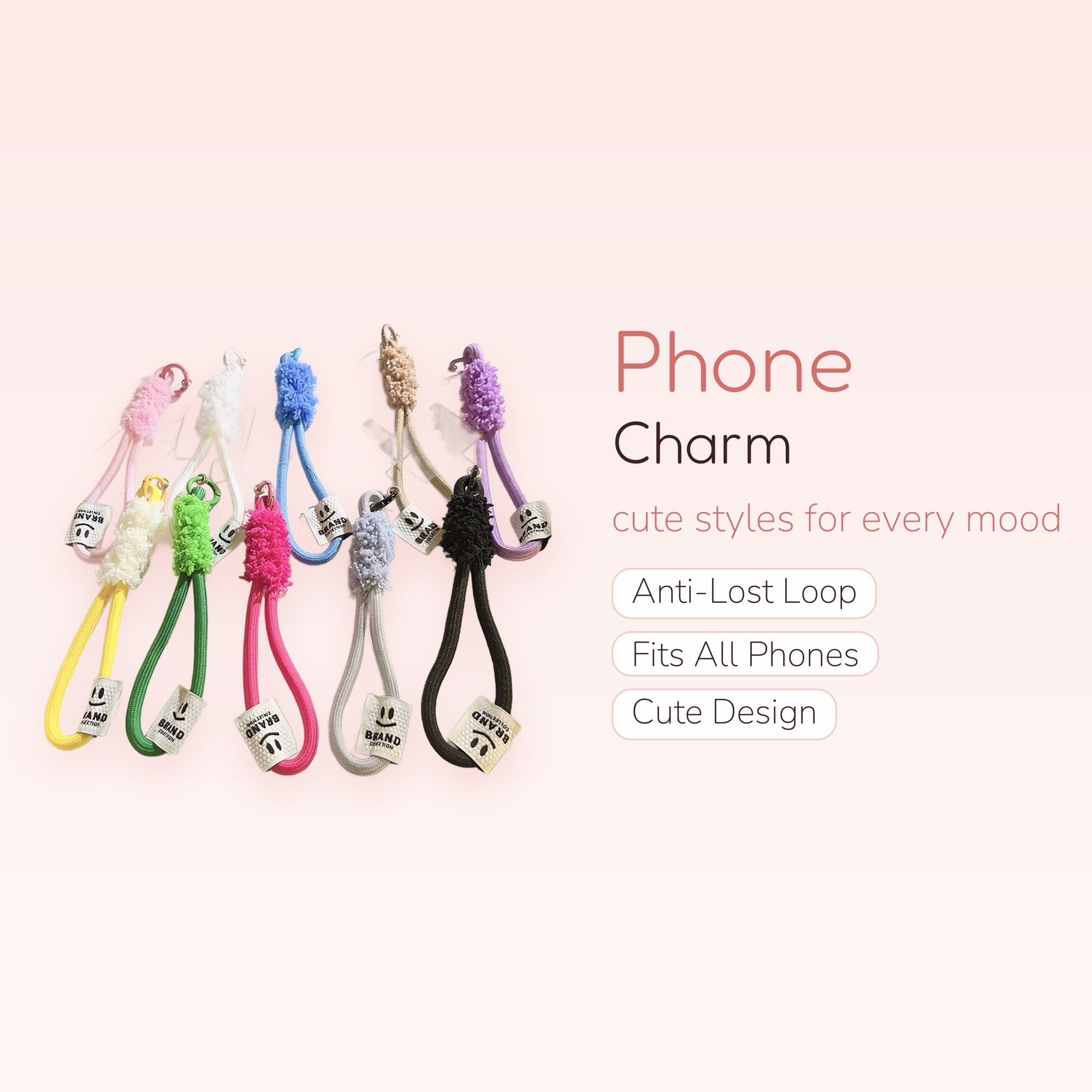 Colorful Cord & Fluffy Ball Phone Charm Straps | Cute Smiley Face Wrist Lanyards