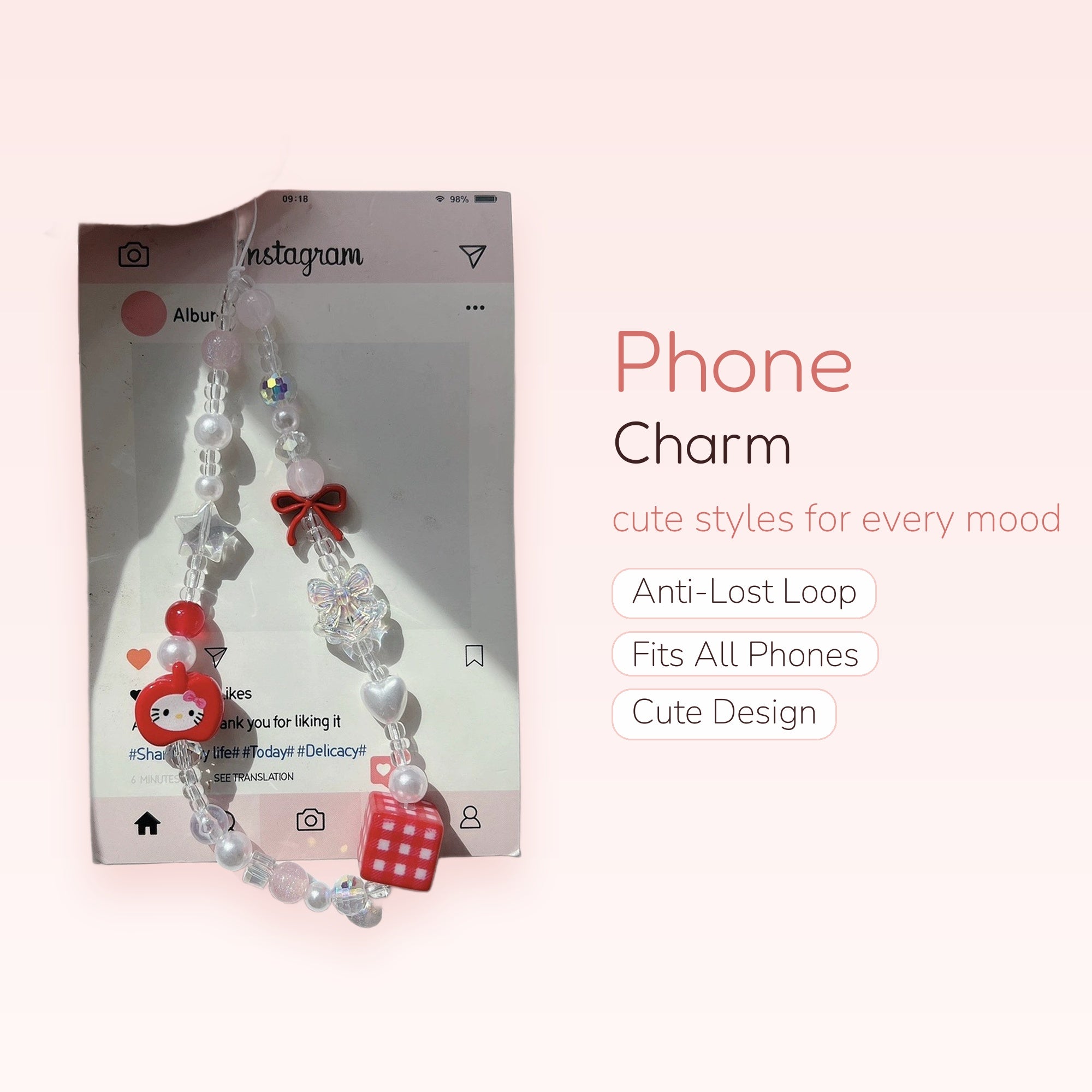 Kawaii Pearl & Hello Kitty Phone Charm | Red Bow & Dice Beaded Wrist Strap