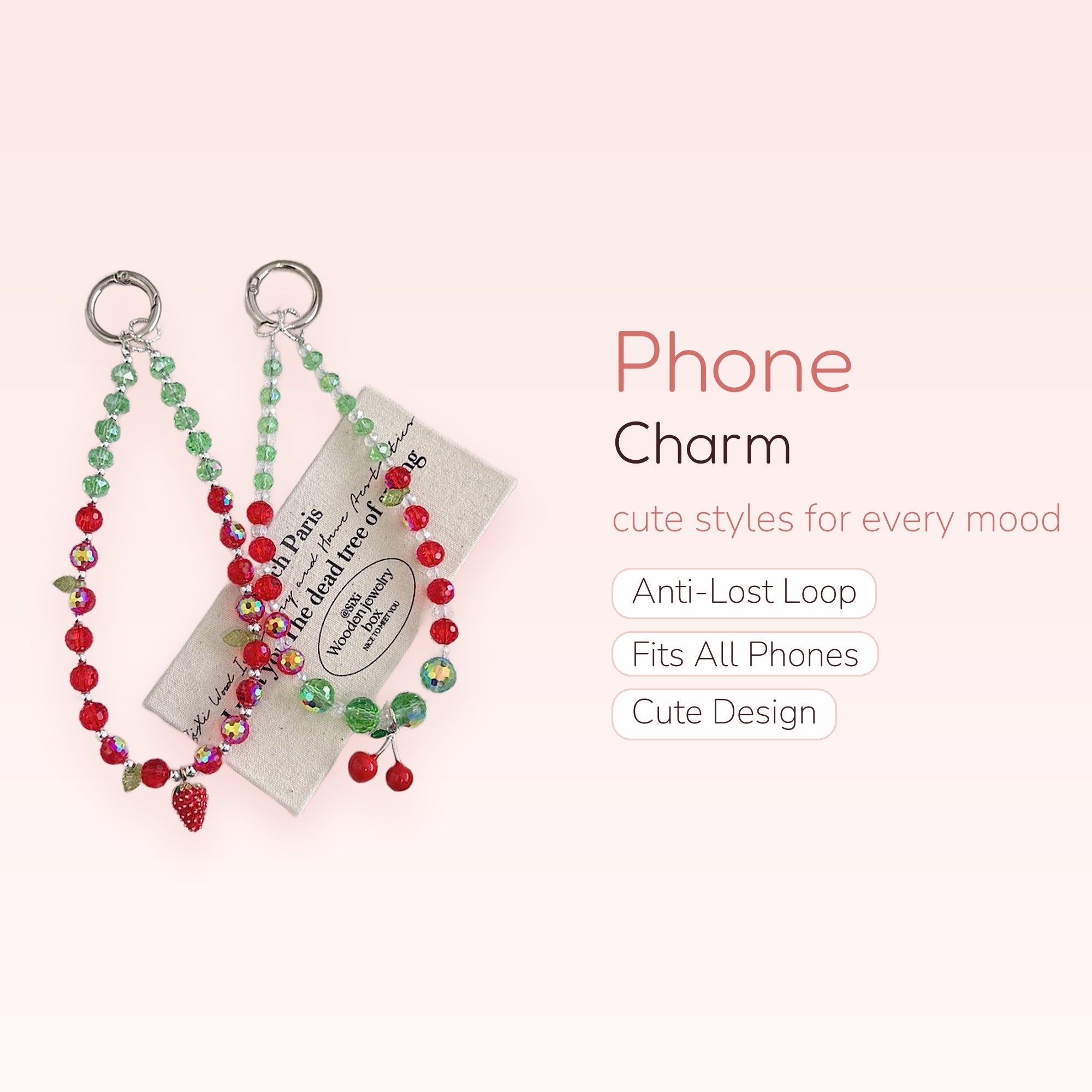 Strawberry & Cherry Beaded Phone Charm | Y2K Red & Green Crystal Wrist Strap
