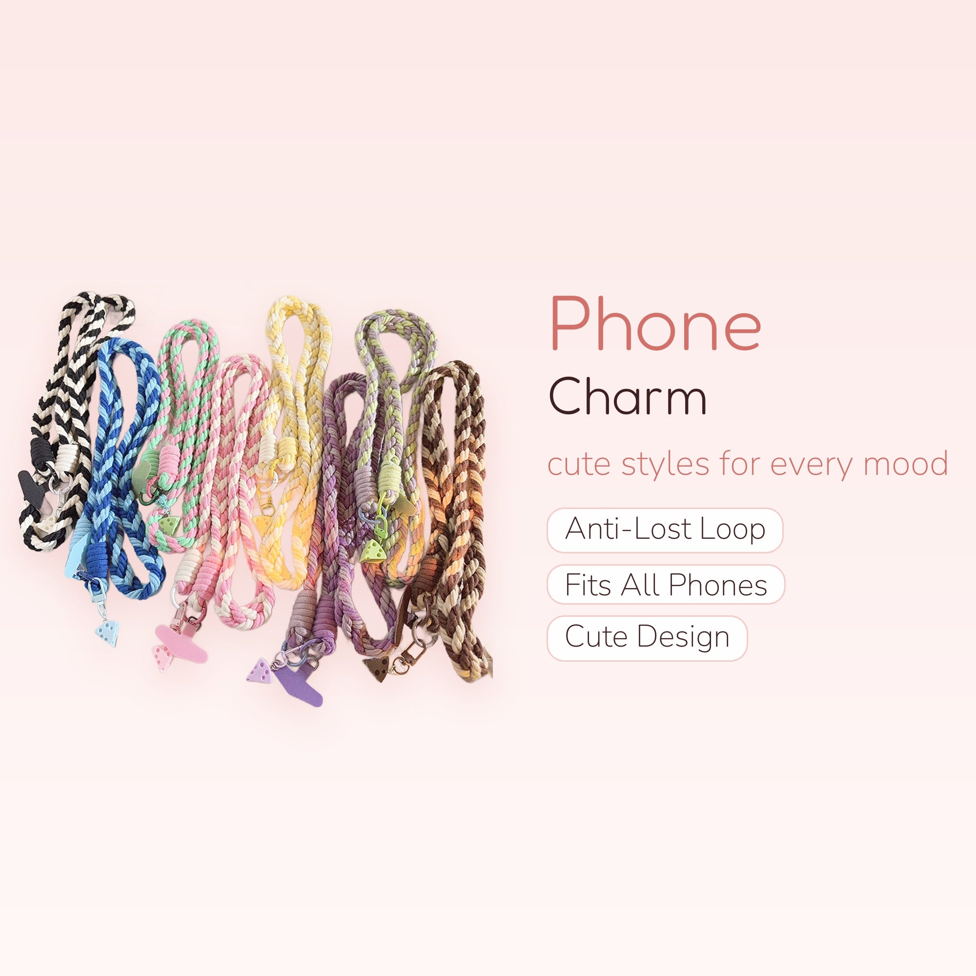 Braided Rope Phone Lanyard with Cheese Charms | Aesthetic Crossbody Phone Strap