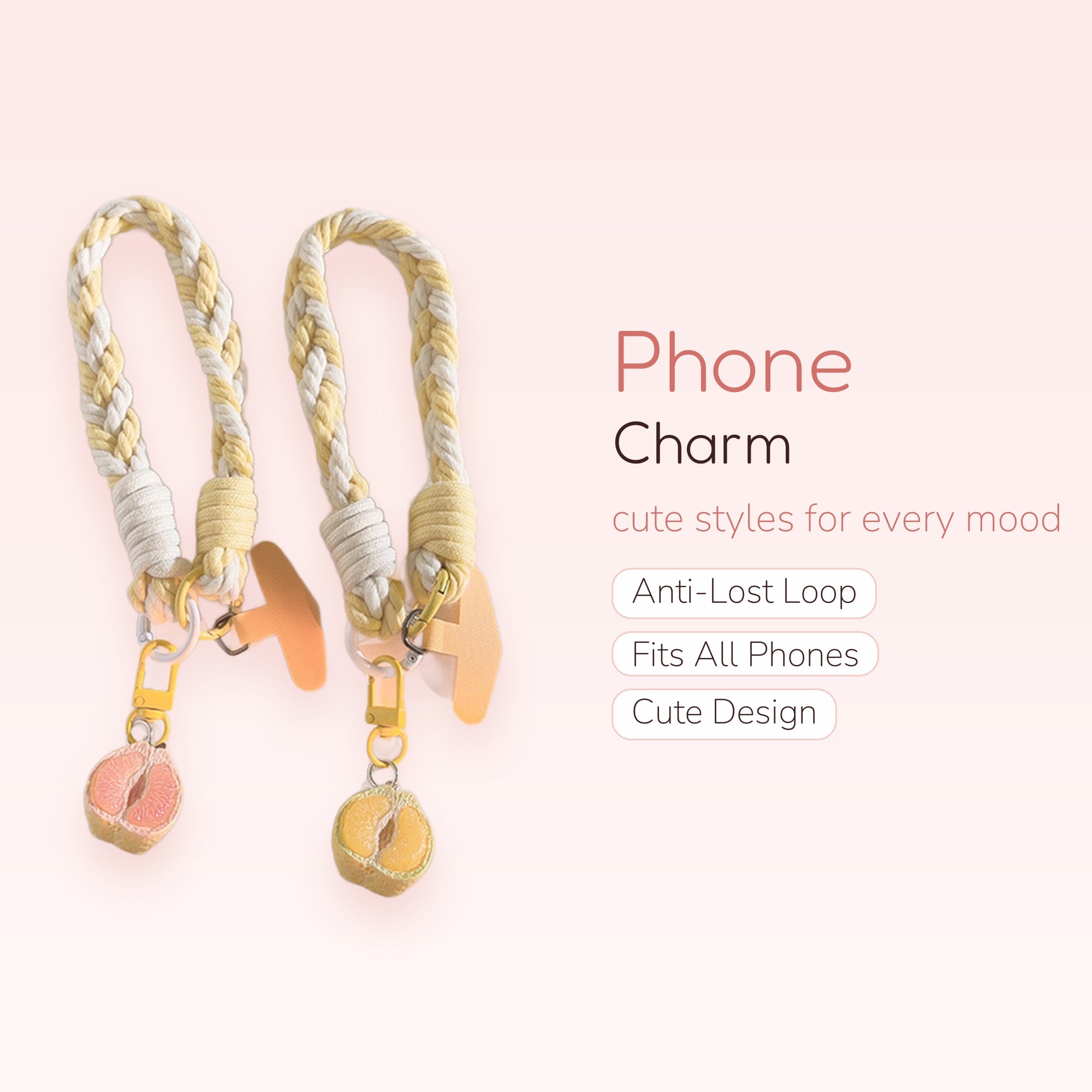 Braided Yellow & White Rope Phone Charm | Cute Citrus Fruit Wrist Strap