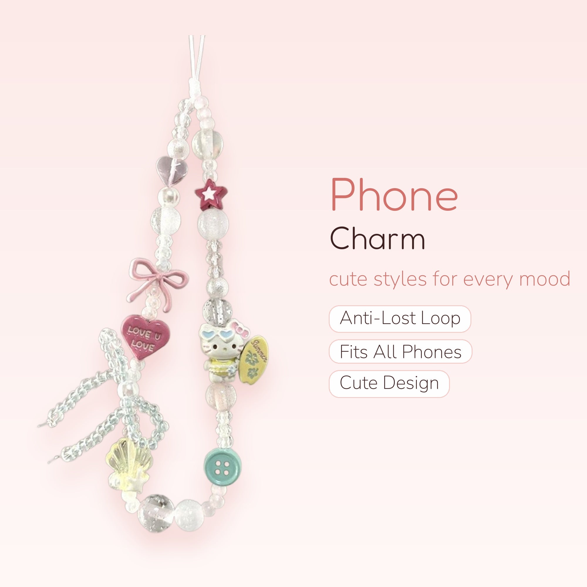 Kawaii Pink & White Beaded Phone Charm | Hello Kitty Summer Wrist Strap