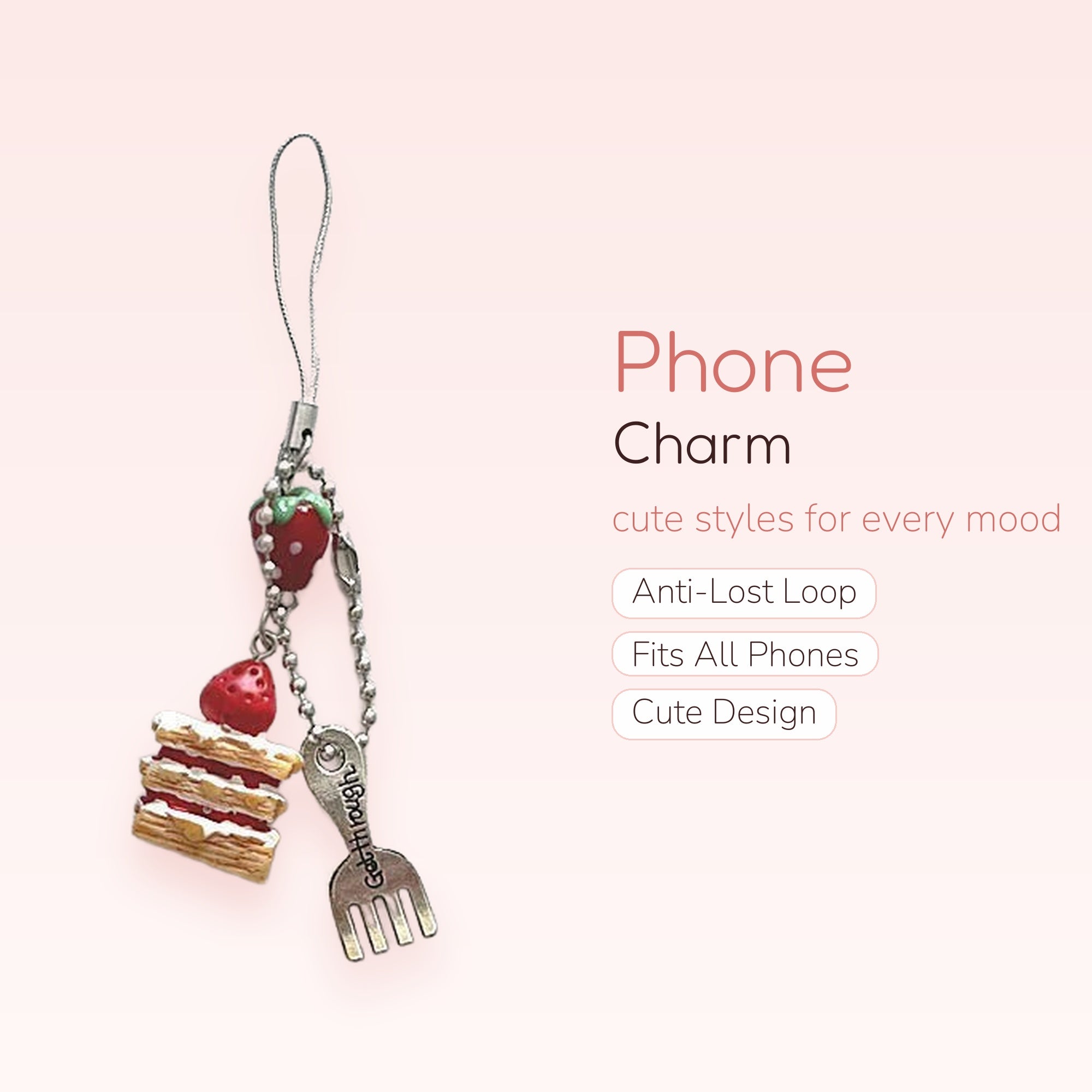 Cute Strawberry & Cake Phone Charm | Aesthetic Dessert Foodie Phone Strap