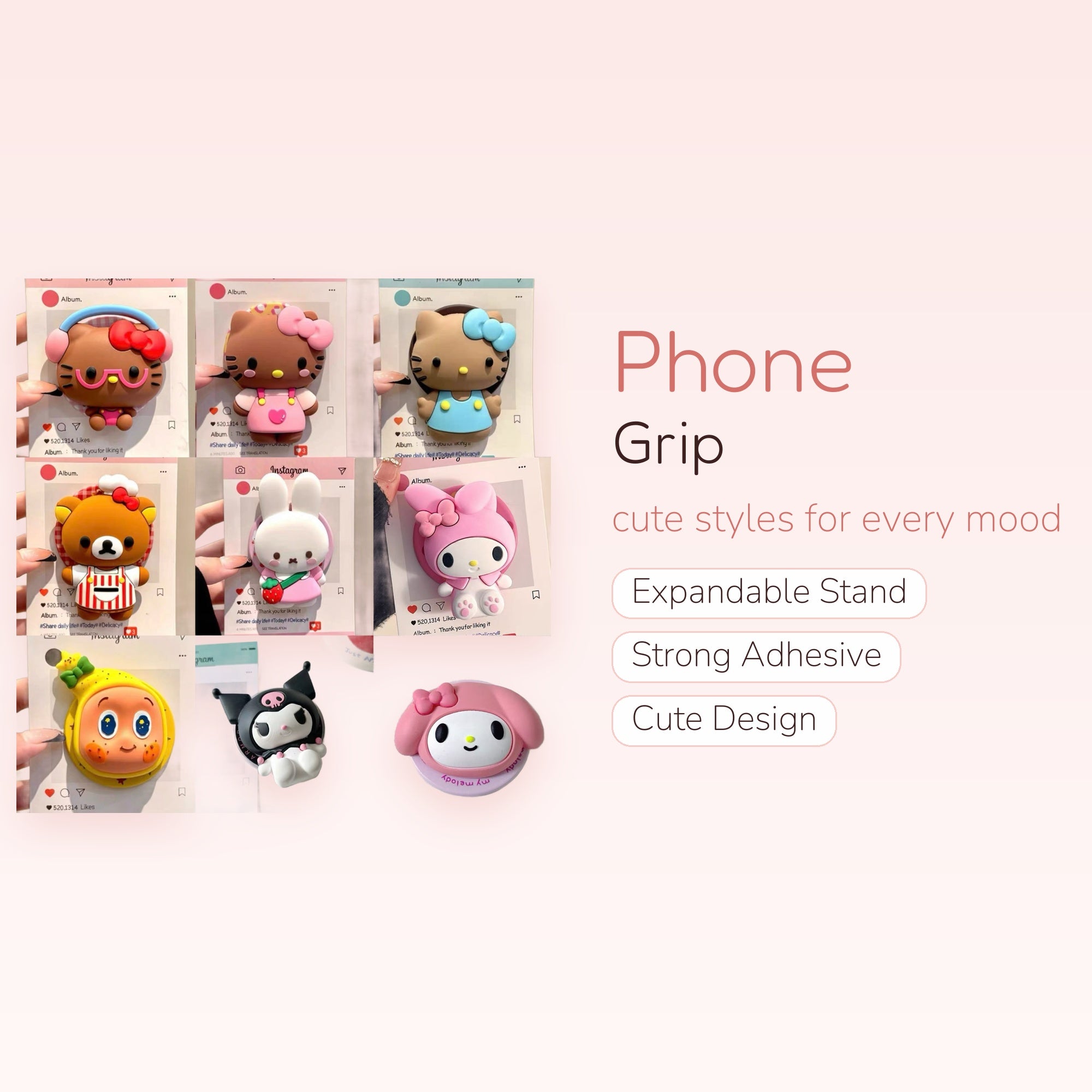 Kawaii Sanrio & Rilakkuma Character Phone Grip | Cute Silicone Pop Socket Stand