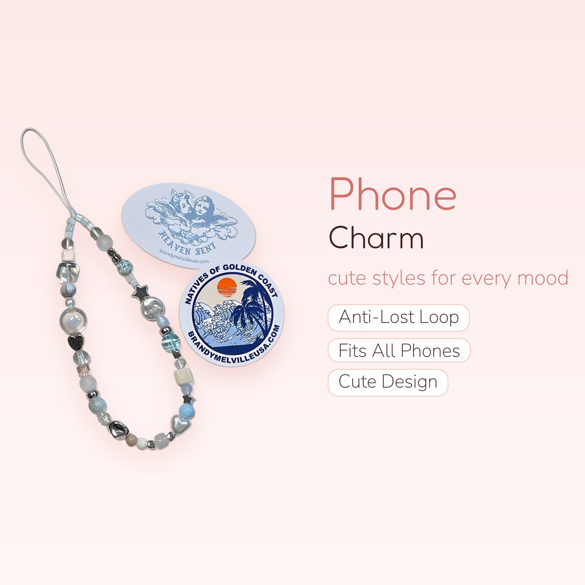 Aesthetic Blue & Silver Beaded Phone Charm | Pastel Heart & Star Wrist Strap