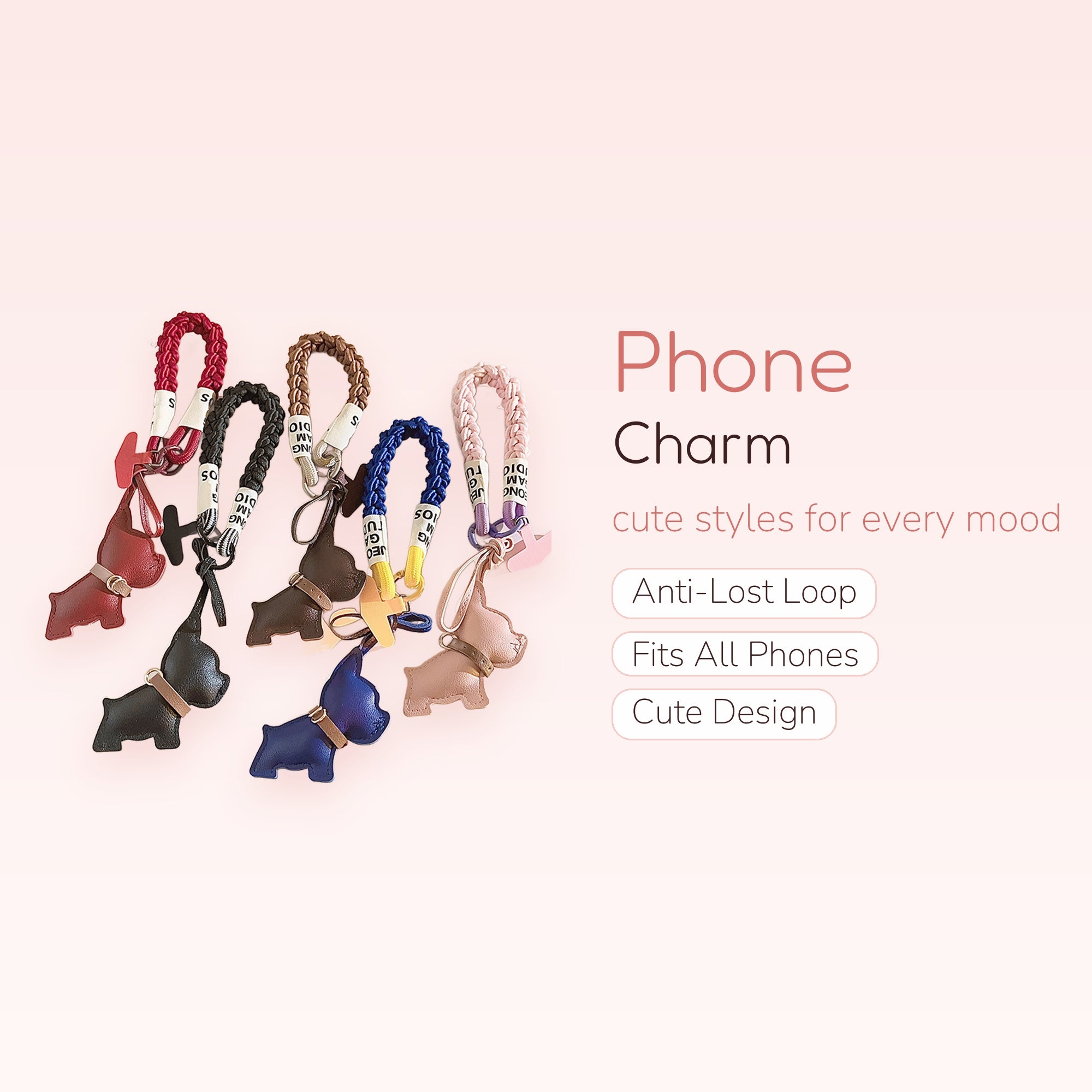Cute Braided Rope Dog Phone Charm | Leather Puppy Wrist Lanyard Keychain