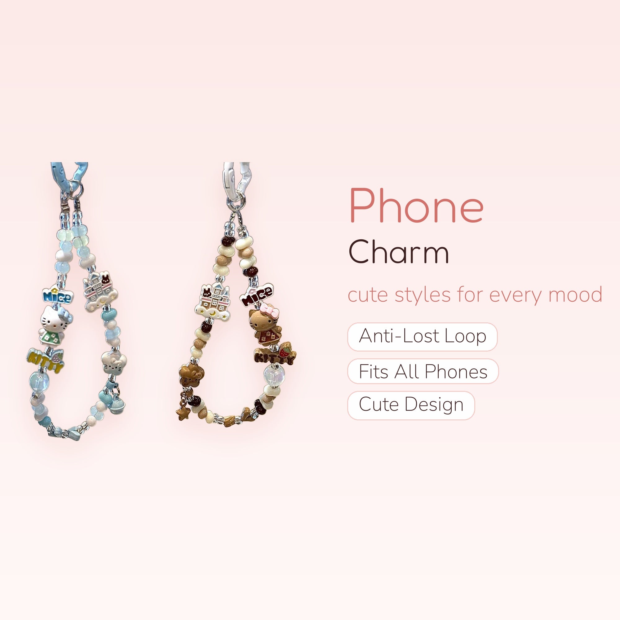 Kawaii Hello Kitty Castle Beaded Phone Charm | Pastel Blue & Brown Wrist Lanyard